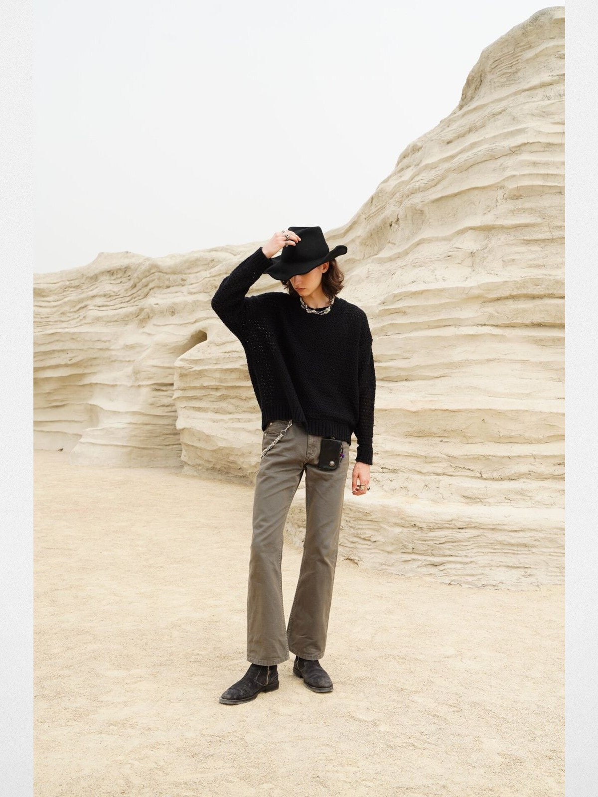 Retro 21 Hollow Knit Wool Mohair Sweater in Black - On Model