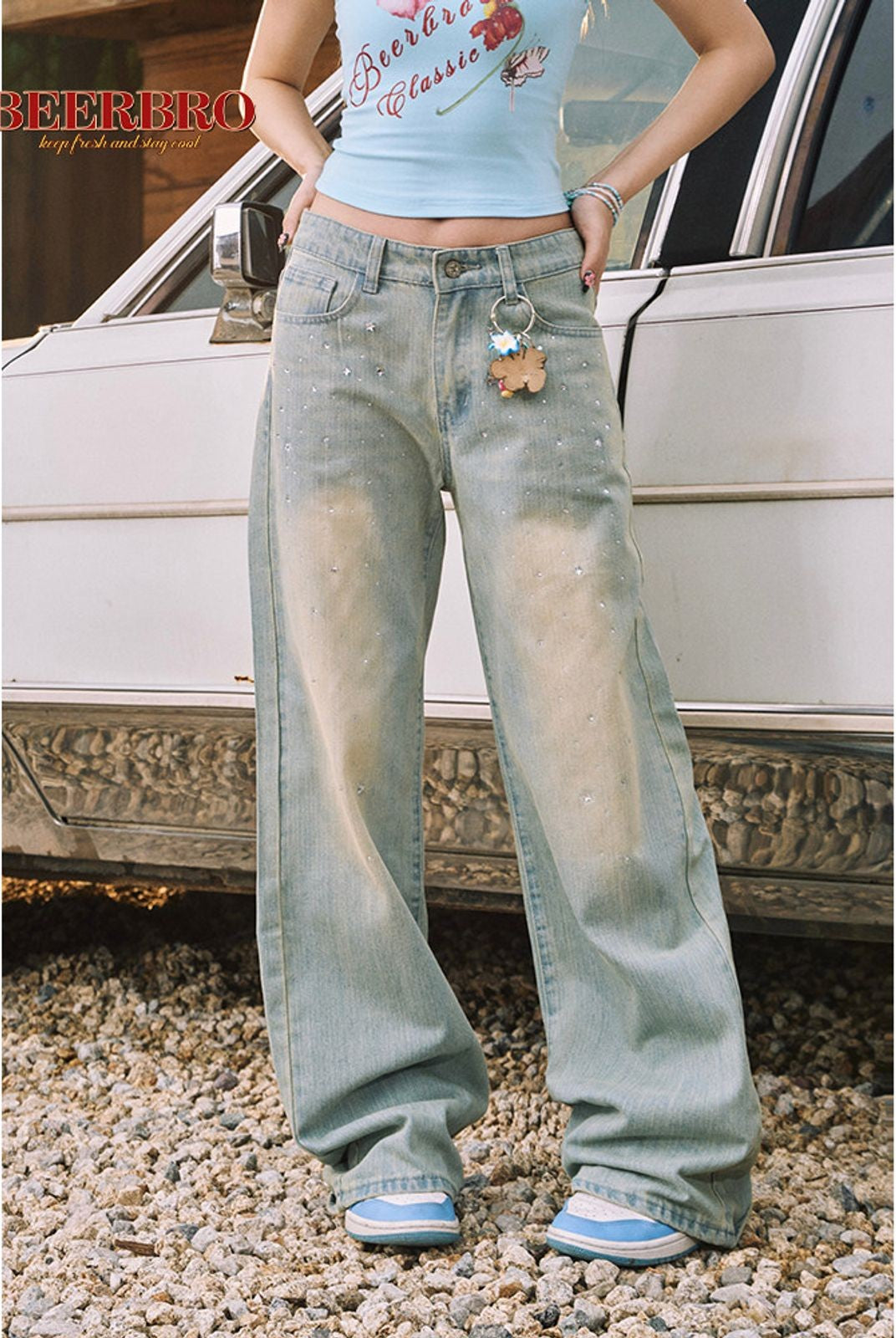 BeerBro Rhinestone Wide Leg Jeans in Blue - On Model