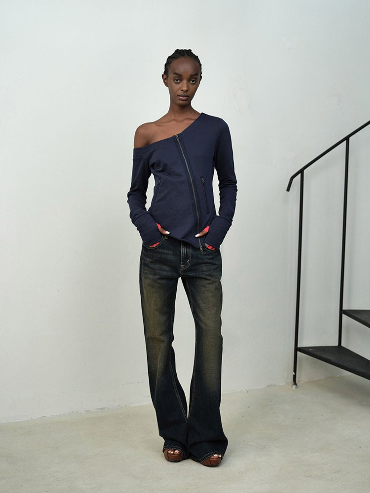 RARELY ALIKE Asymmetrical Zip Up Sweatshirt in Navy Blue - On Model