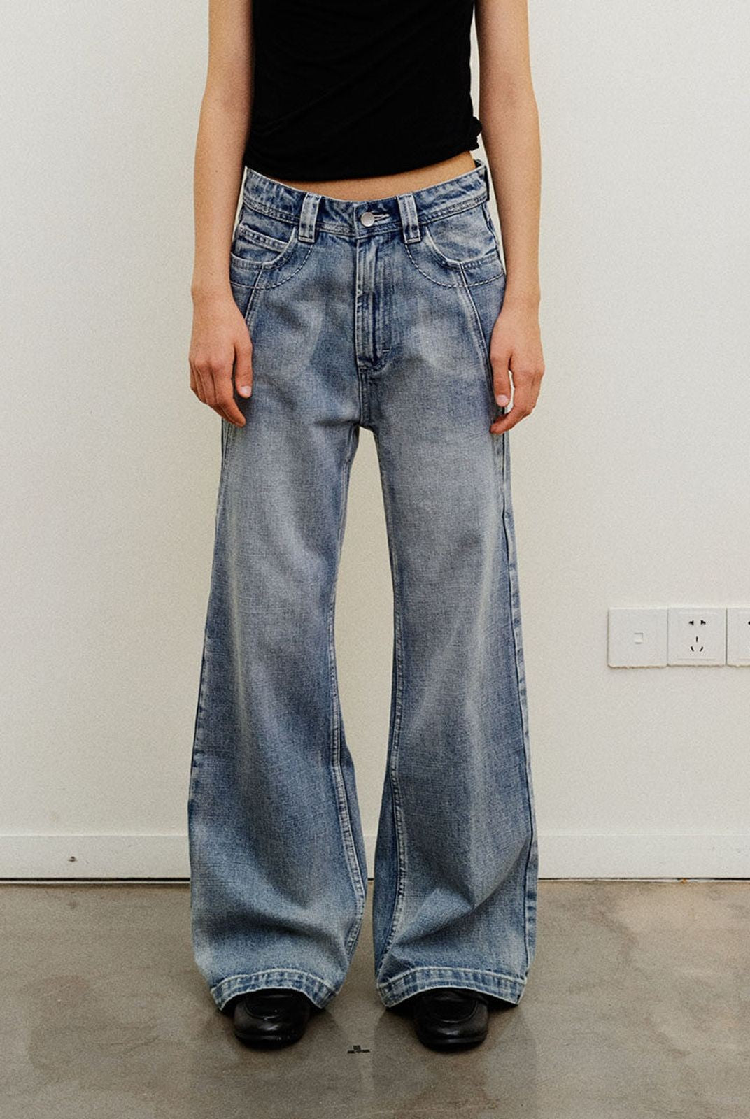 NeverSeez Hand Distressed Micro Flare Jeans in Light Blue