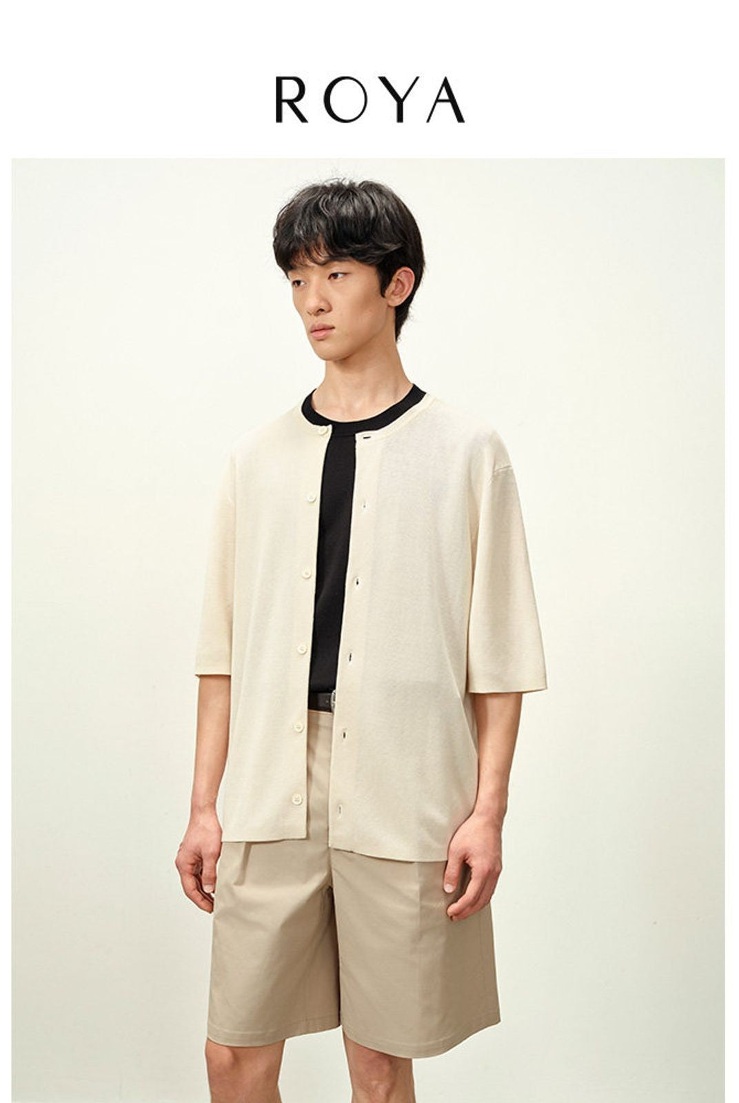 ROYA Lyocell Short Sleeve Cardigan in White - On Model