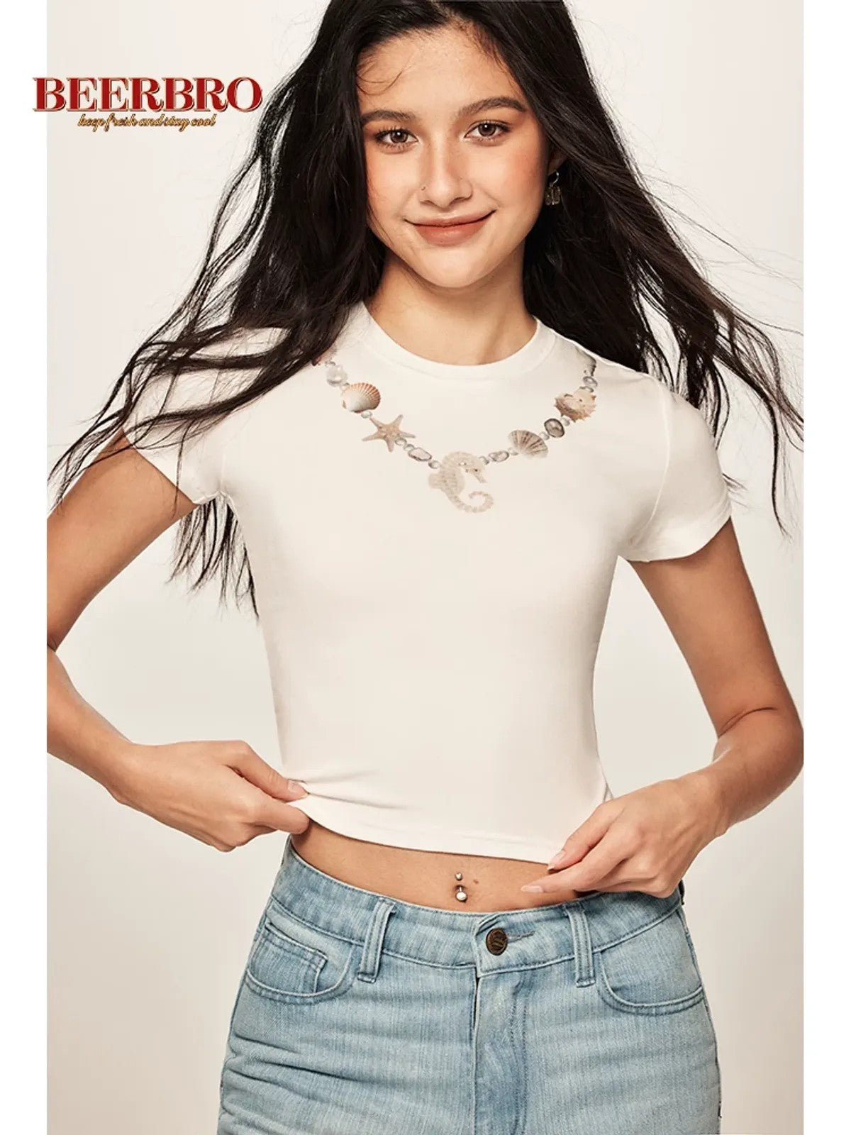 BeerBro Faux Seashell Necklace Tee in White - On Model