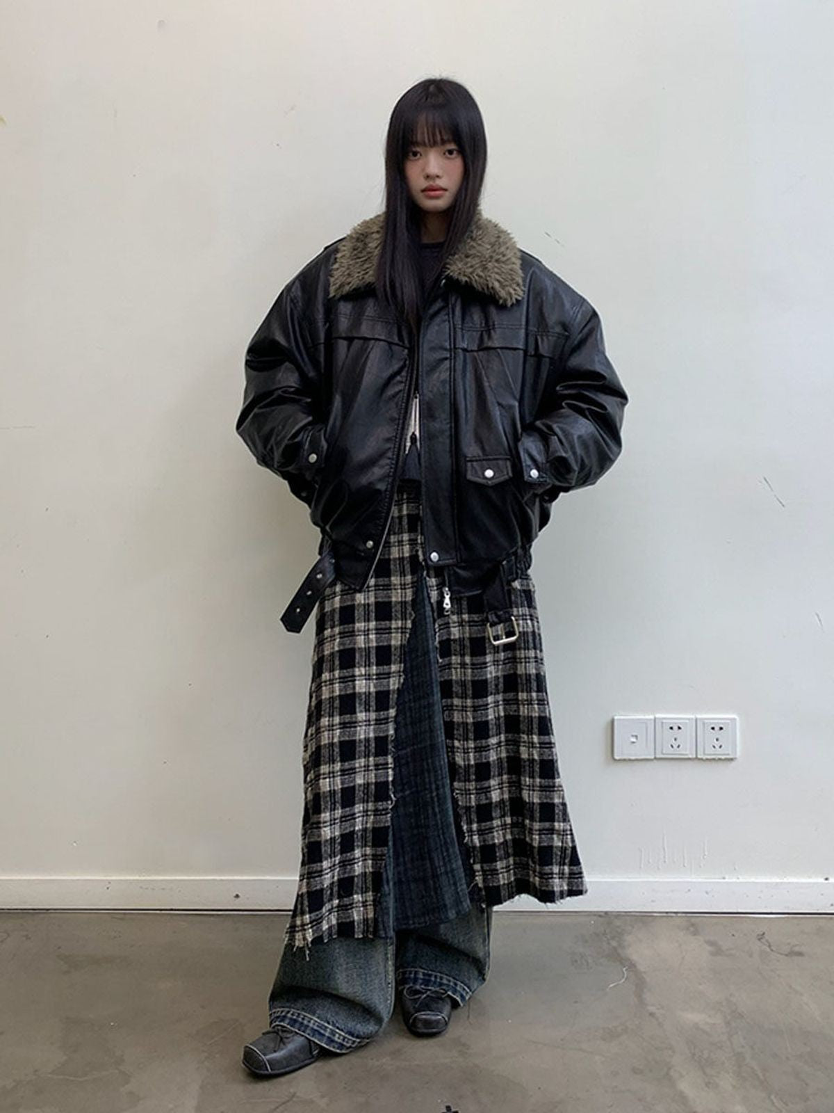 NeverSeez Fur Collar Faux Leather Down Jacket in Black - On Model