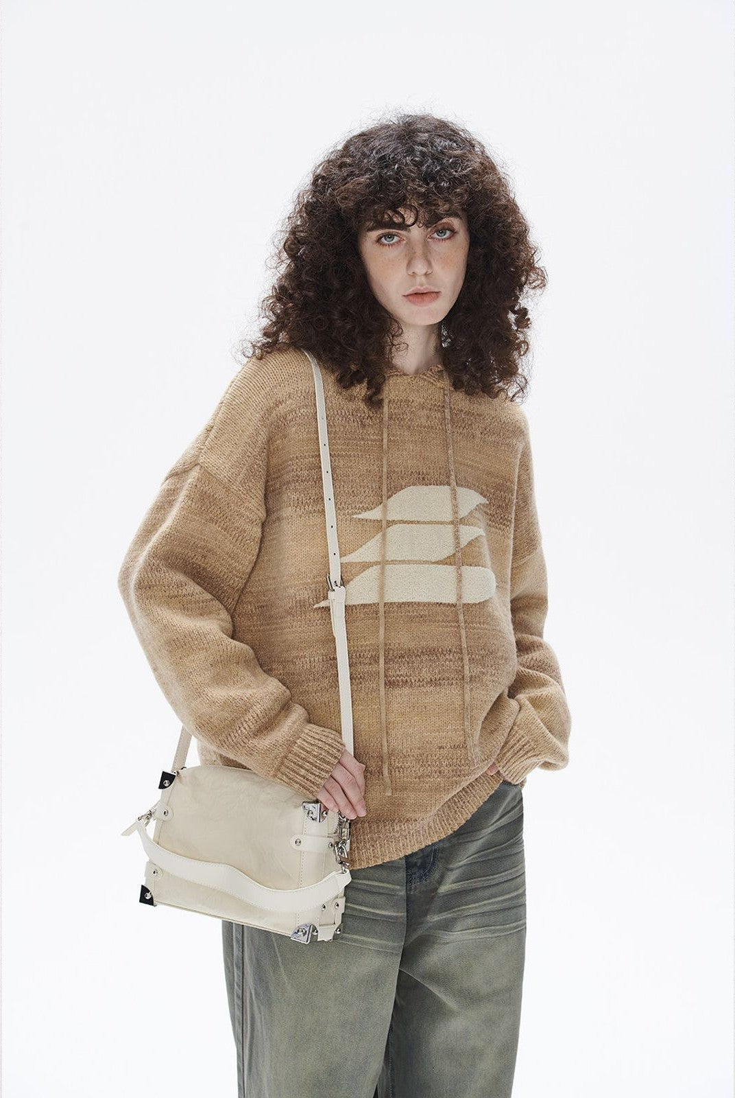 LOSTCTRL Chenille Logo Knit Hoodie in Khaki - On Female Model