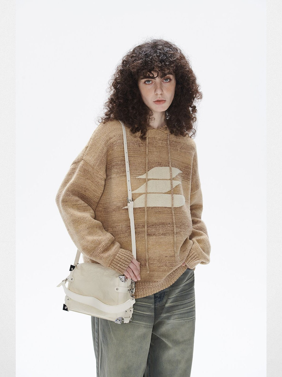 LOSTCTRL Chenille Logo Knit Hoodie in Khaki - On Female Model