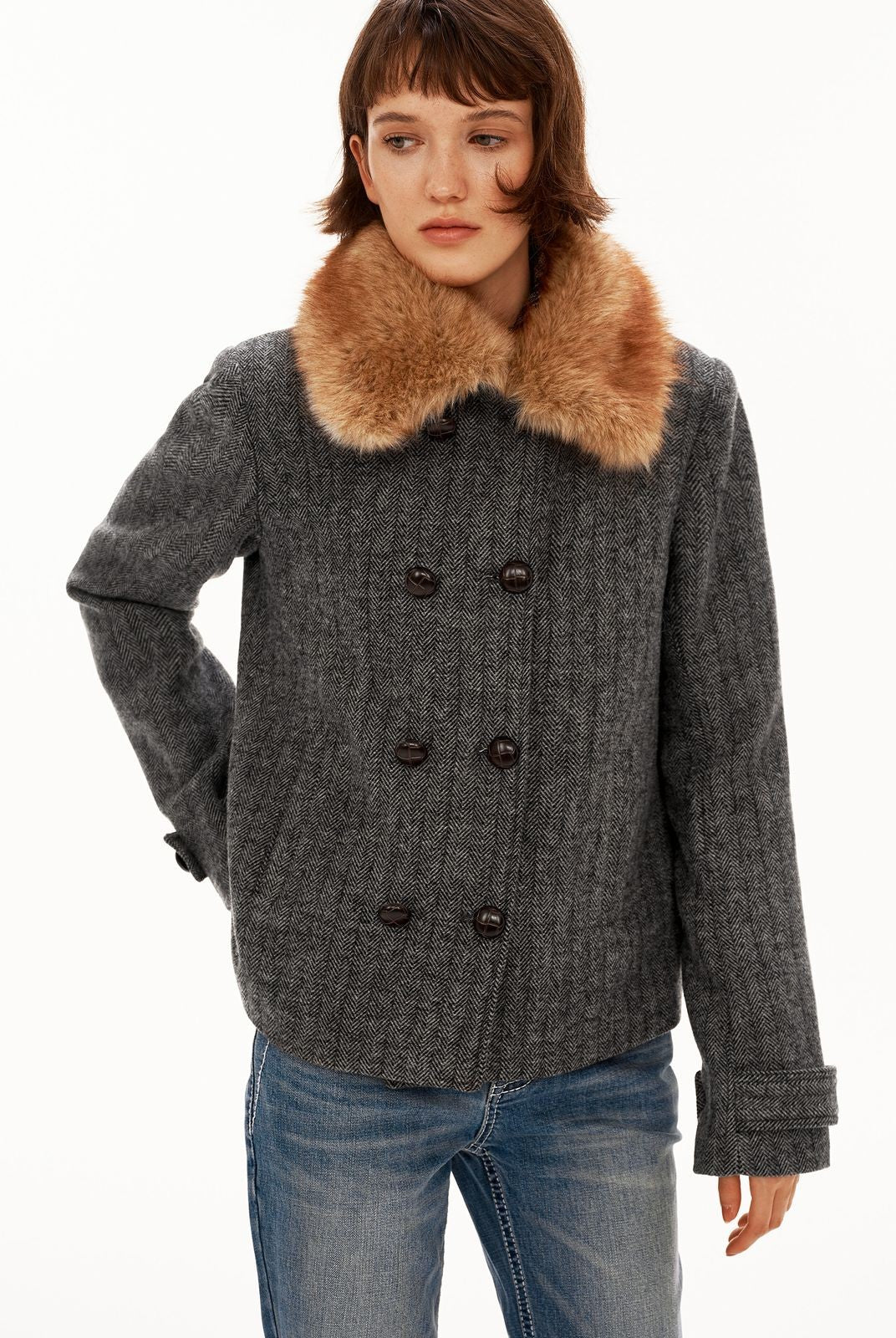 PUKI Herringbone Wool Blend Coat in Gray - On Model