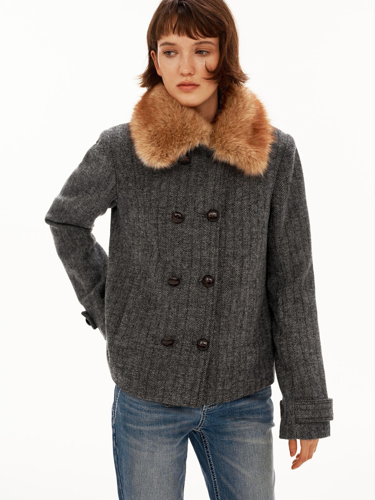 PUKI Herringbone Wool Blend Coat in Gray - On Model