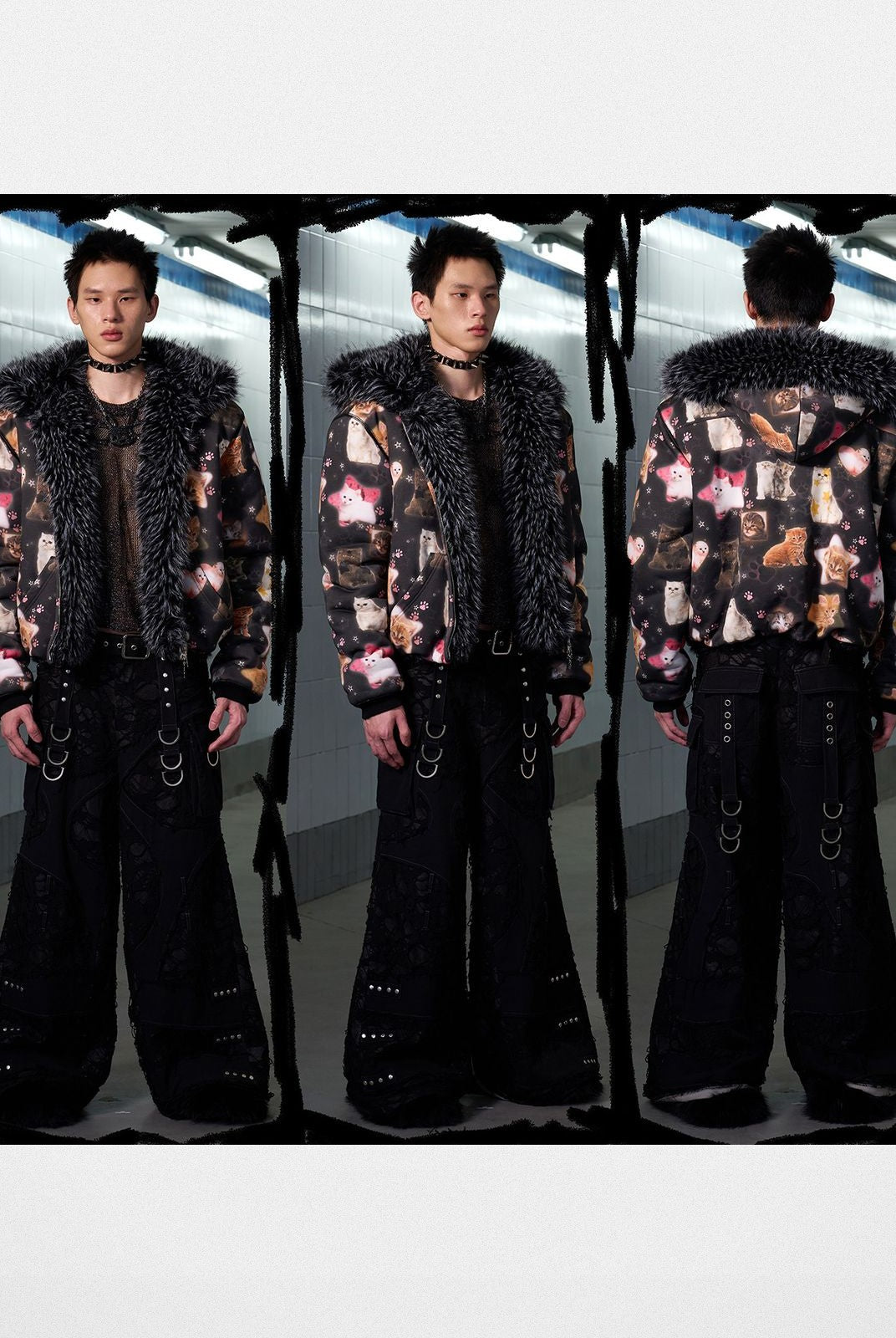 CFIERCE Reversible Cat Print Faux Fur Jacket in Black - On Male Model