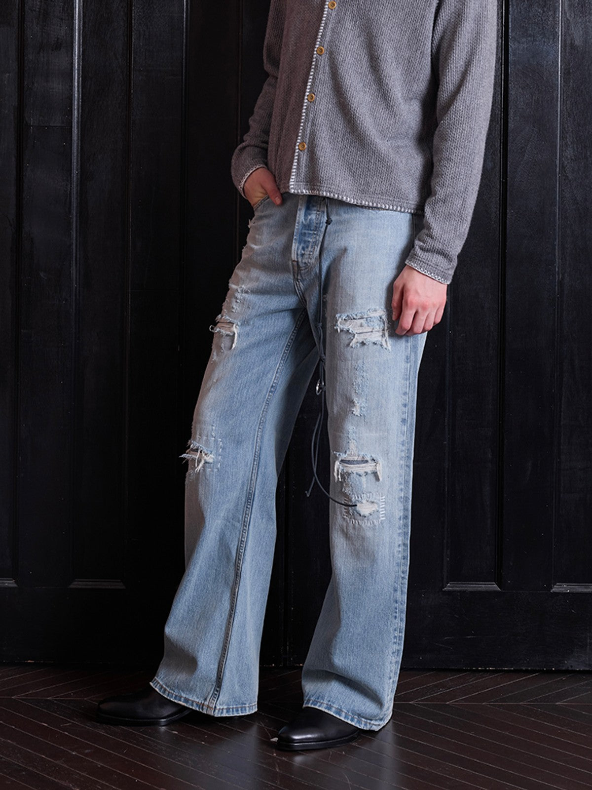 VLABMADE Distressed Sashiko Flare Jeans in Blue - On Male Model