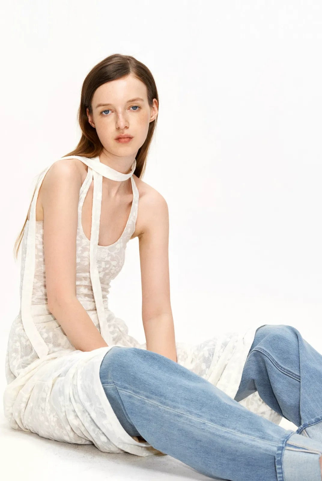 PUKI Sheer Jacquard Halter Maxi Dress in White - On Model