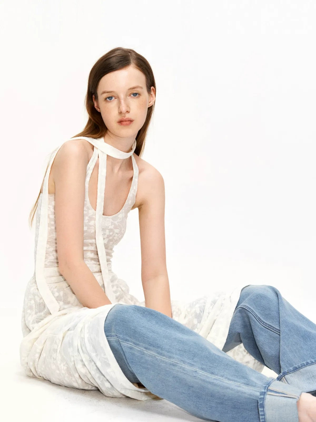 PUKI Sheer Jacquard Halter Maxi Dress in White - On Model