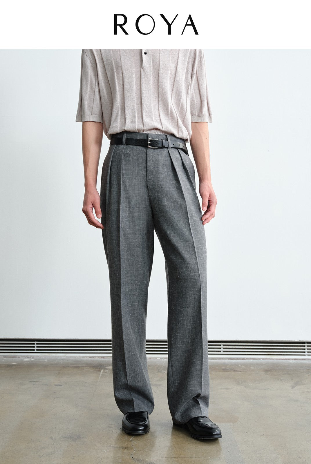 ROYA Double Pleated Wool Linen Trousers in Gray - On Model