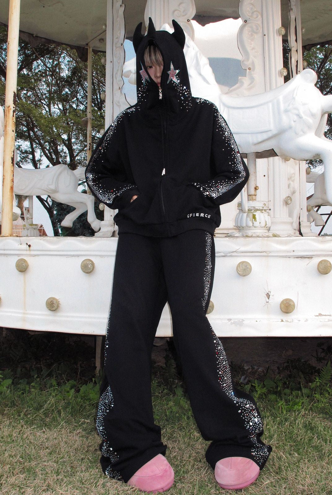 CFIERCE Crying Unicorn Rhinestone Hoodie in Black - On Model