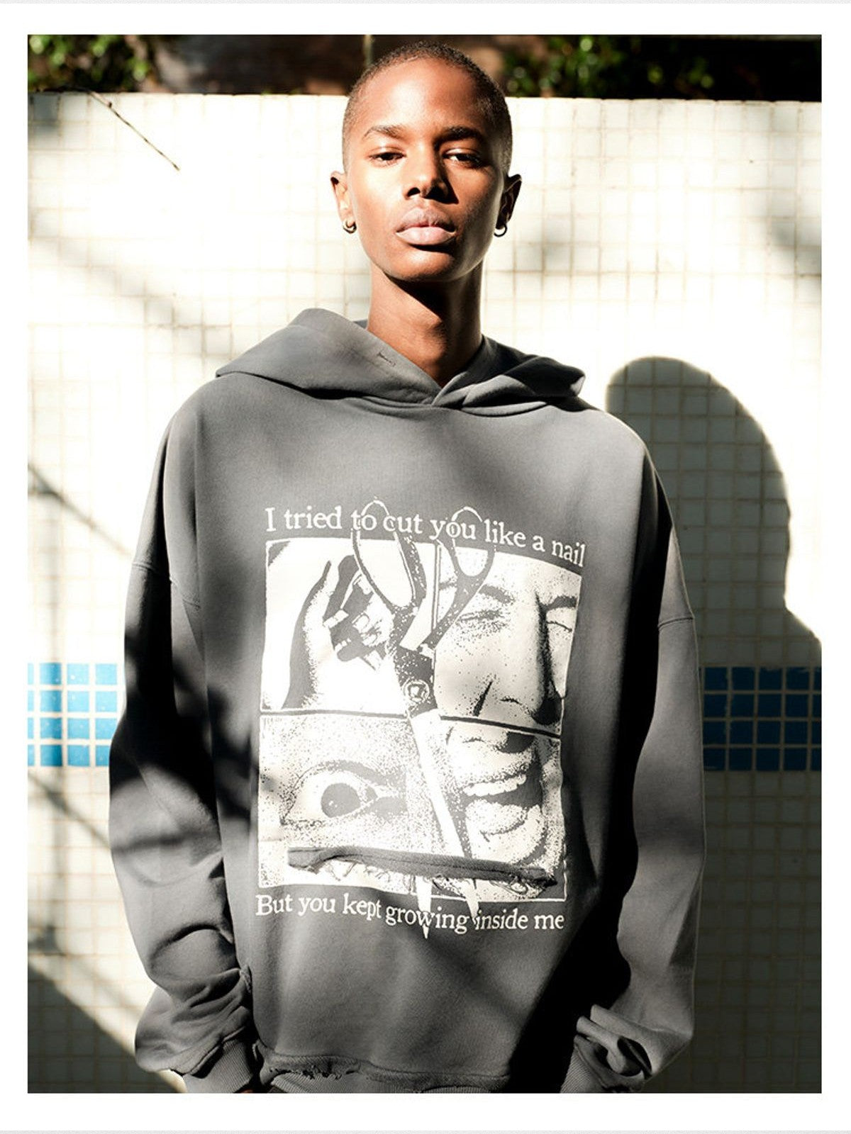 TRIANGLE PROJECT Heavyweight Distressed Graphic Hoodie in Gray - On Model