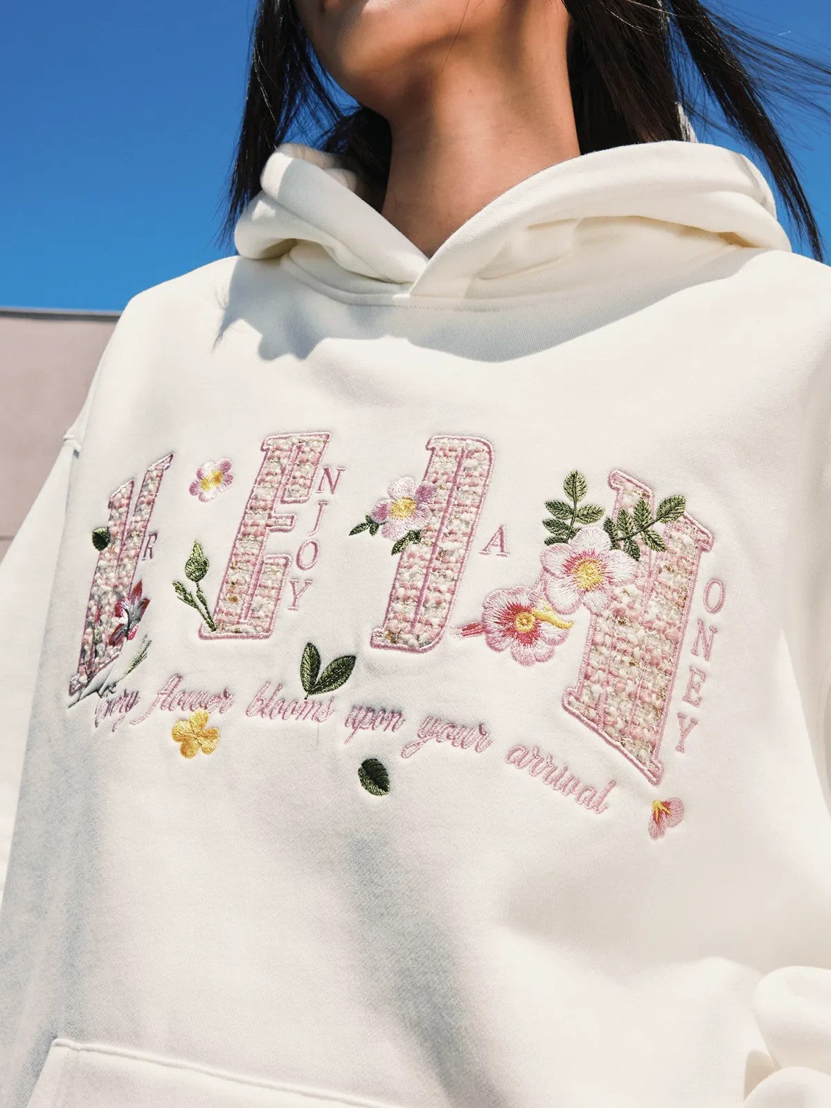 MEDM Floral Patch Fleece Hoodie in White - On Female Model