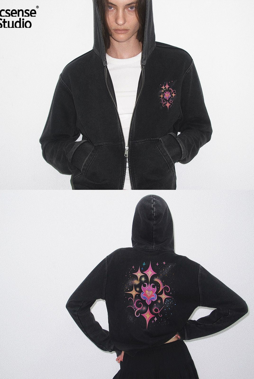 ACSENSE STUDIO Rhinestone Logo Zip Up Hoodie in Black - On Model