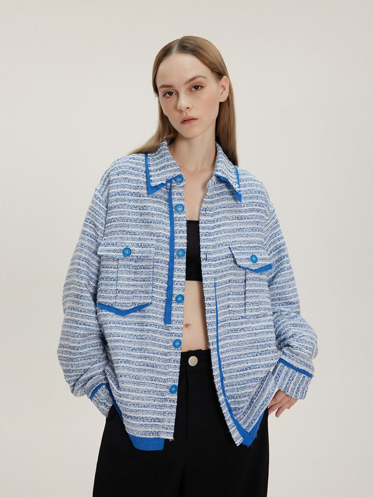 LOSTCTRL Deconstructed Tweed Jacket in Blue - On Model