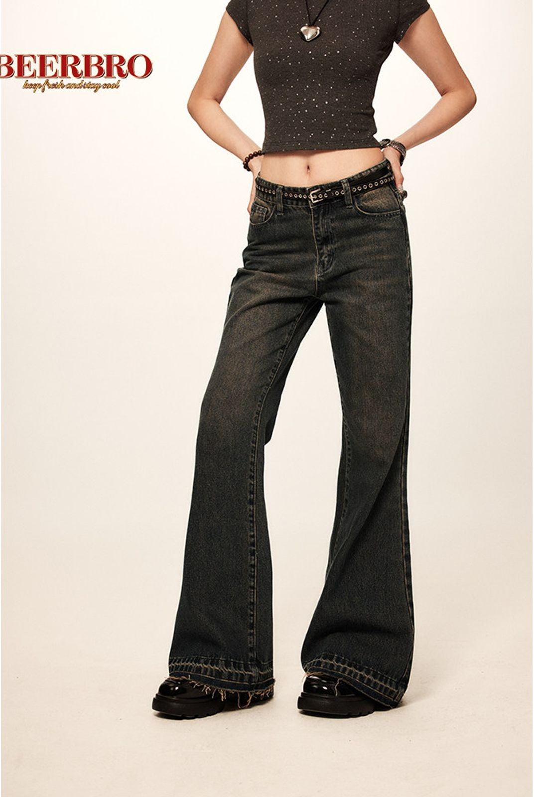 BeerBro Low Rise Raw Hem Micro Flare Jeans in Navy Blue