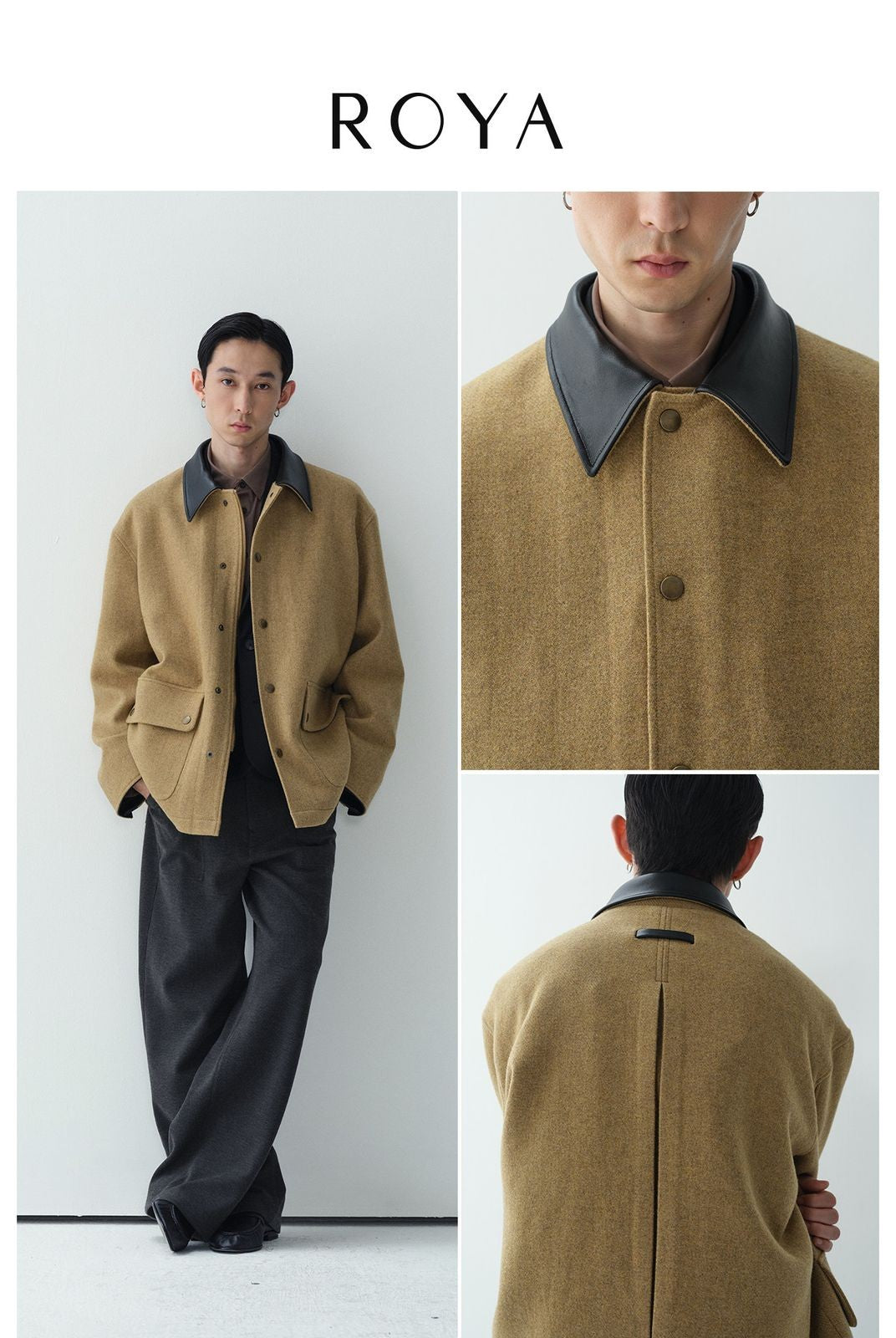 ROYA Sheepskin Collar Wool Blend Safari Jacket in Yellow - On Model