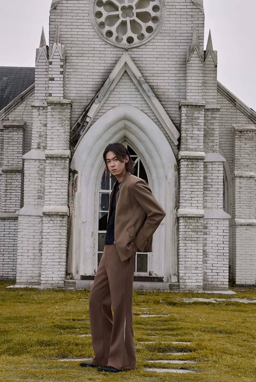 Y OFFICIAL Zip Stand Collar Jacket in Olive - On Model