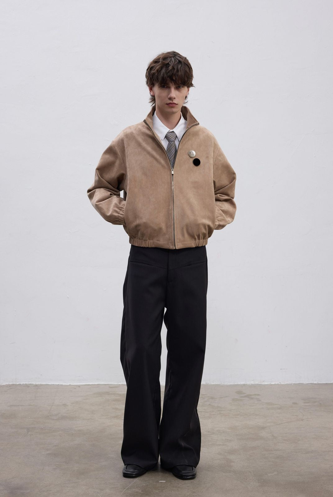 AFterTaste Mock Neck Suede Jacket in Beige - On Model