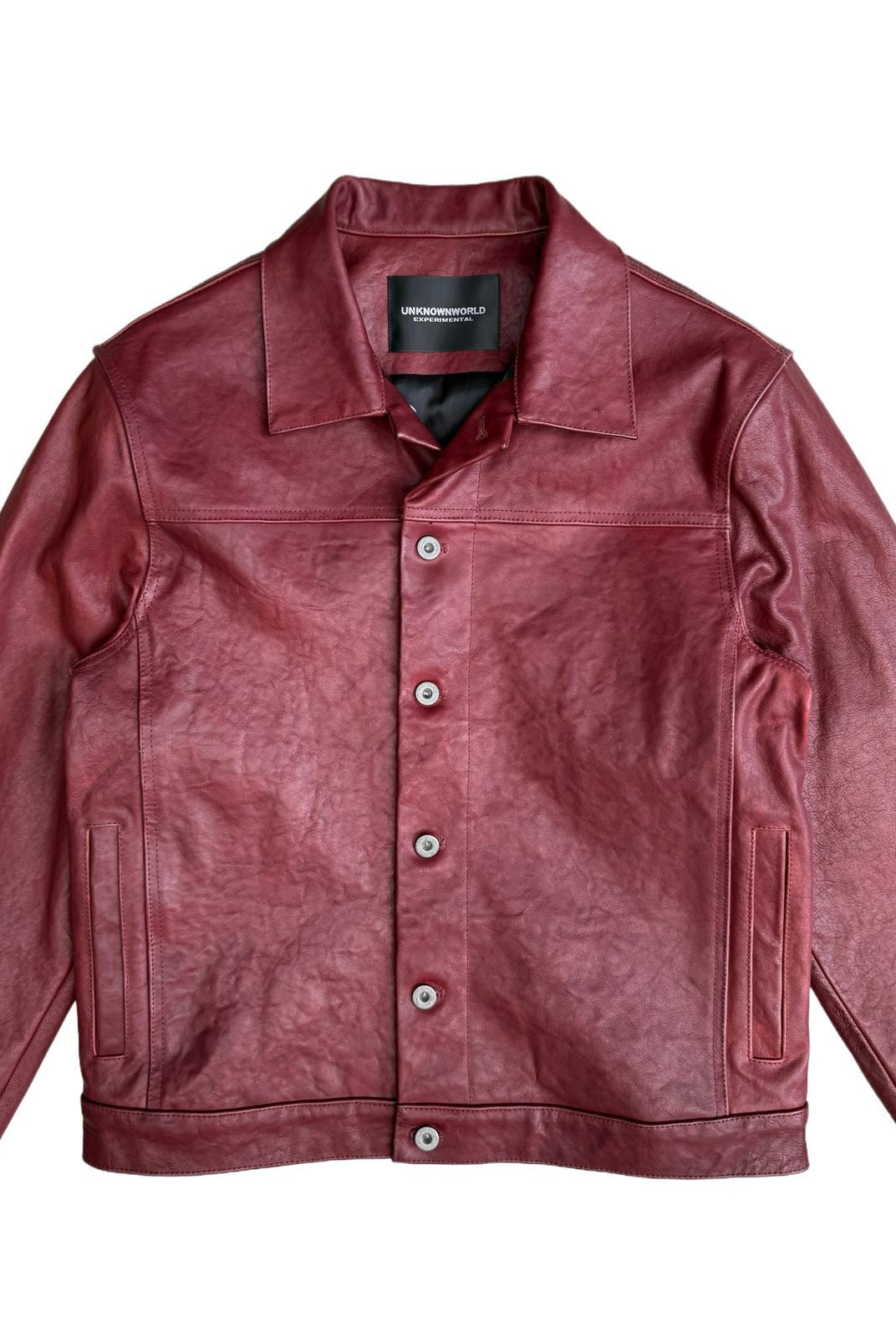 UNKNOWNWORLD Distressed Scarlet Leather Jacket in Red