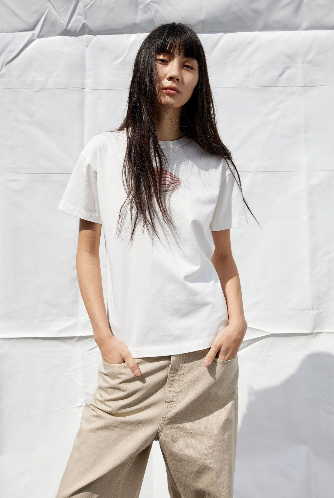 RandomPiece Shell Print Cotton Blend T Shirt in White - On Model