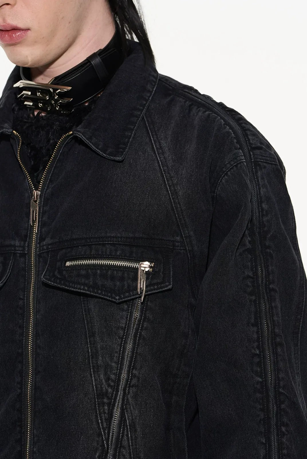 BLINDNOPLAN Multi Zipper Washed Denim Jacket in Gray