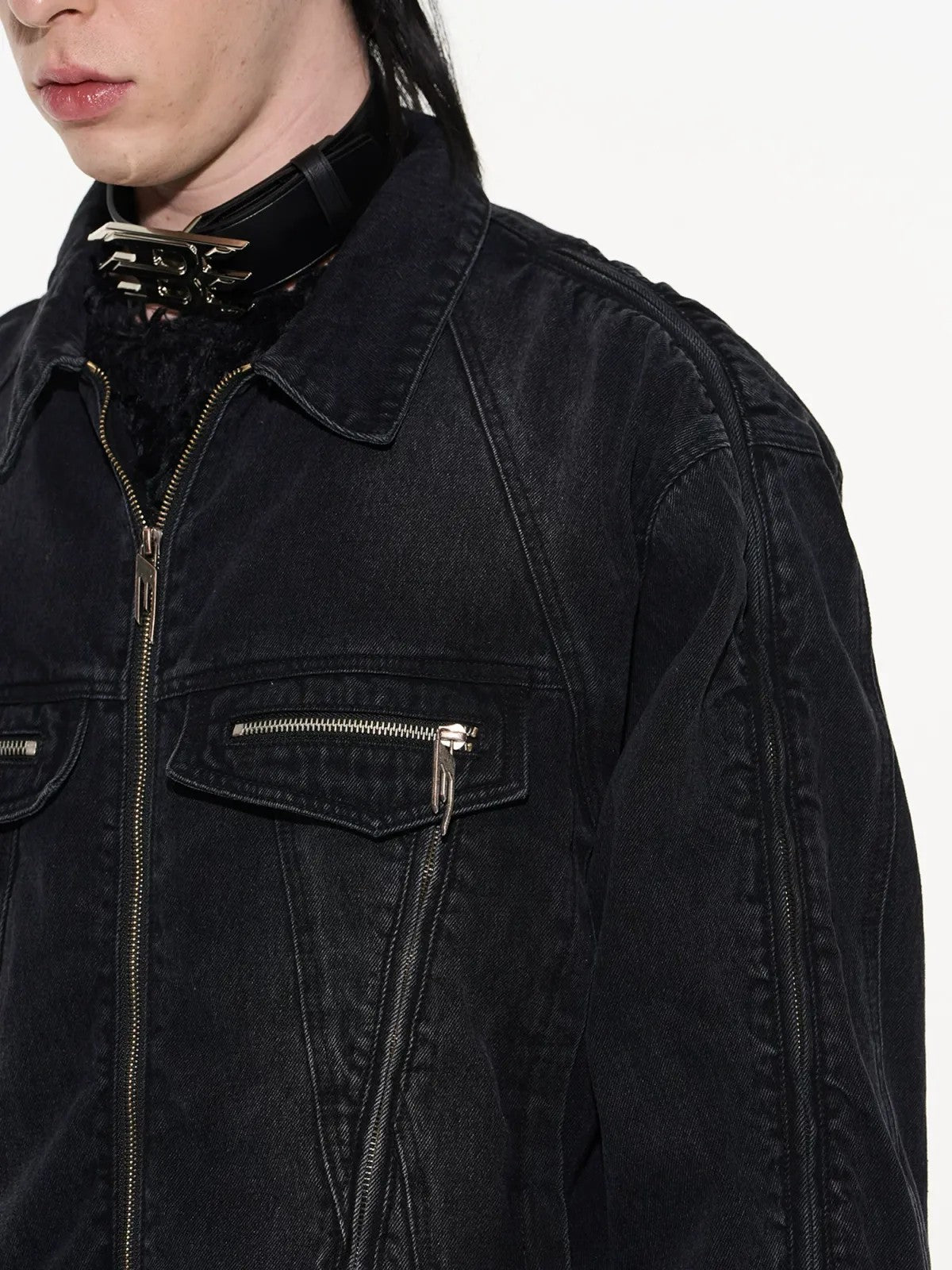 BLINDNOPLAN Multi Zipper Washed Denim Jacket in Gray