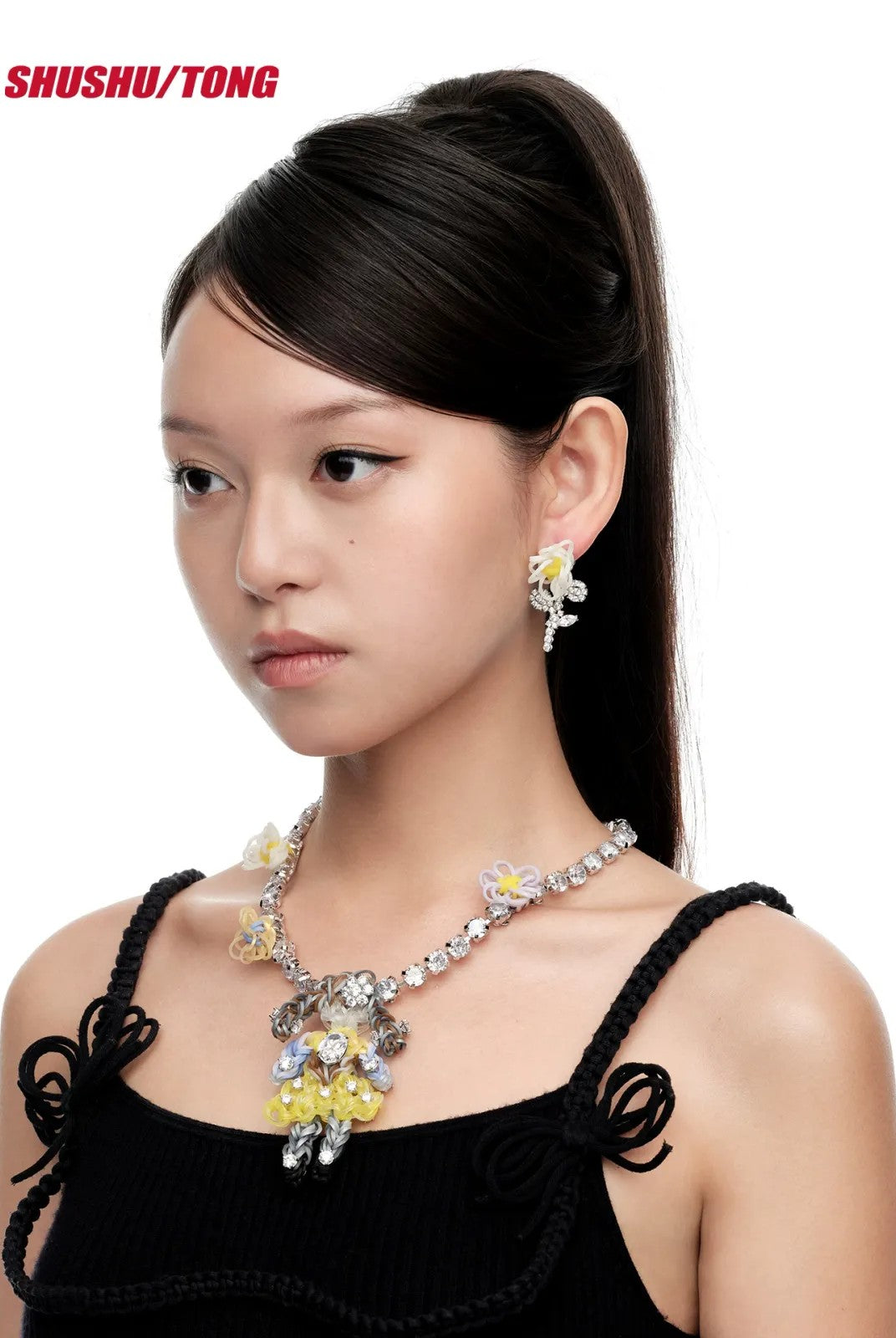 SHUSHU/TONG Zircon Rubber Band Girl Necklace in Yellow - On Model
