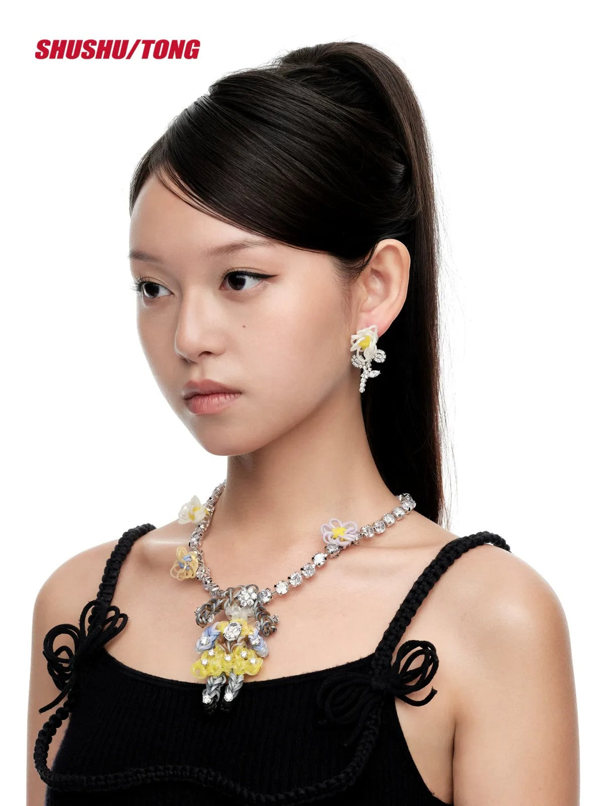 SHUSHU/TONG Zircon Rubber Band Girl Necklace in Yellow - On Model