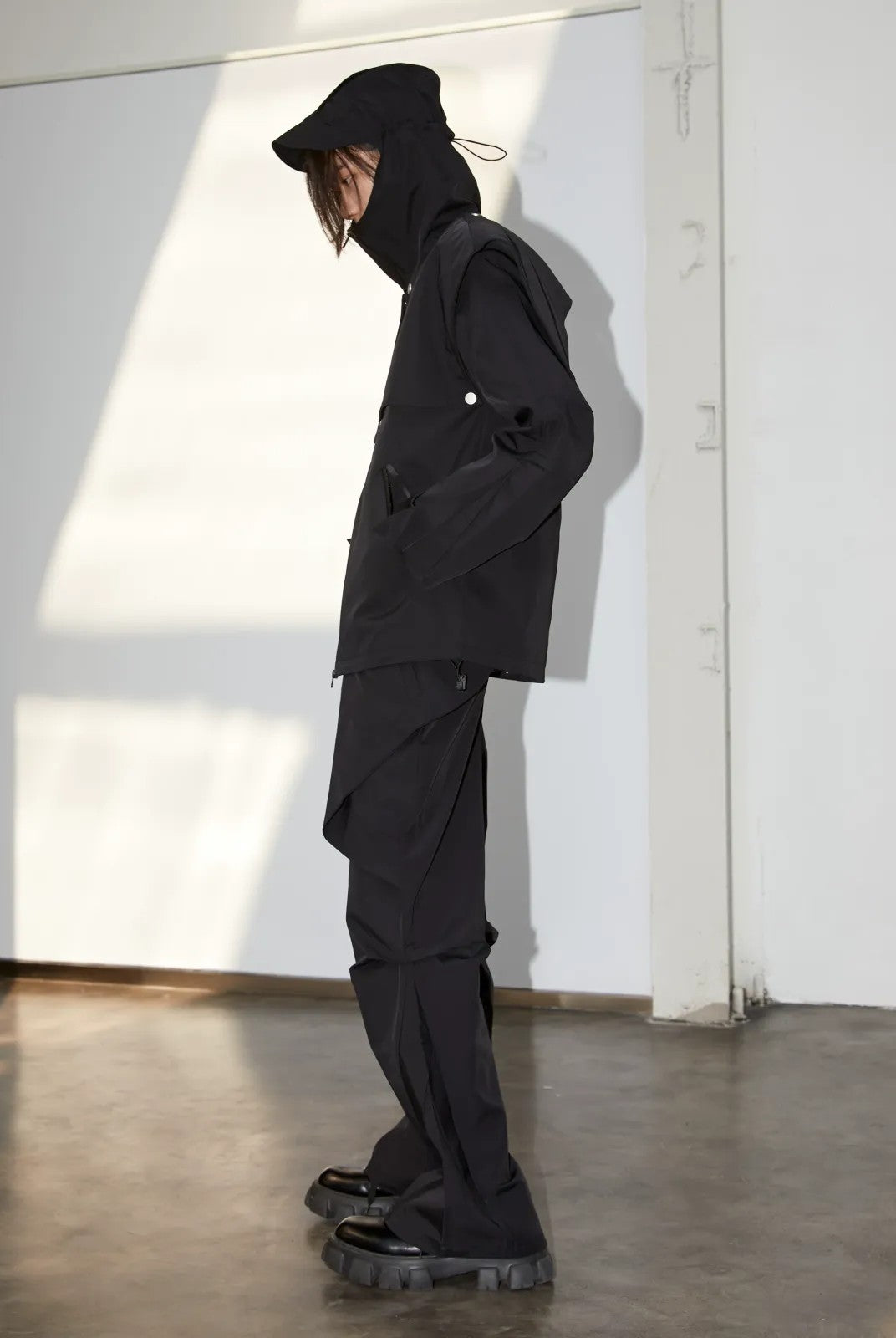 Y OFFICIAL Cape Detail Hooded Jacket in Black - On Female Model