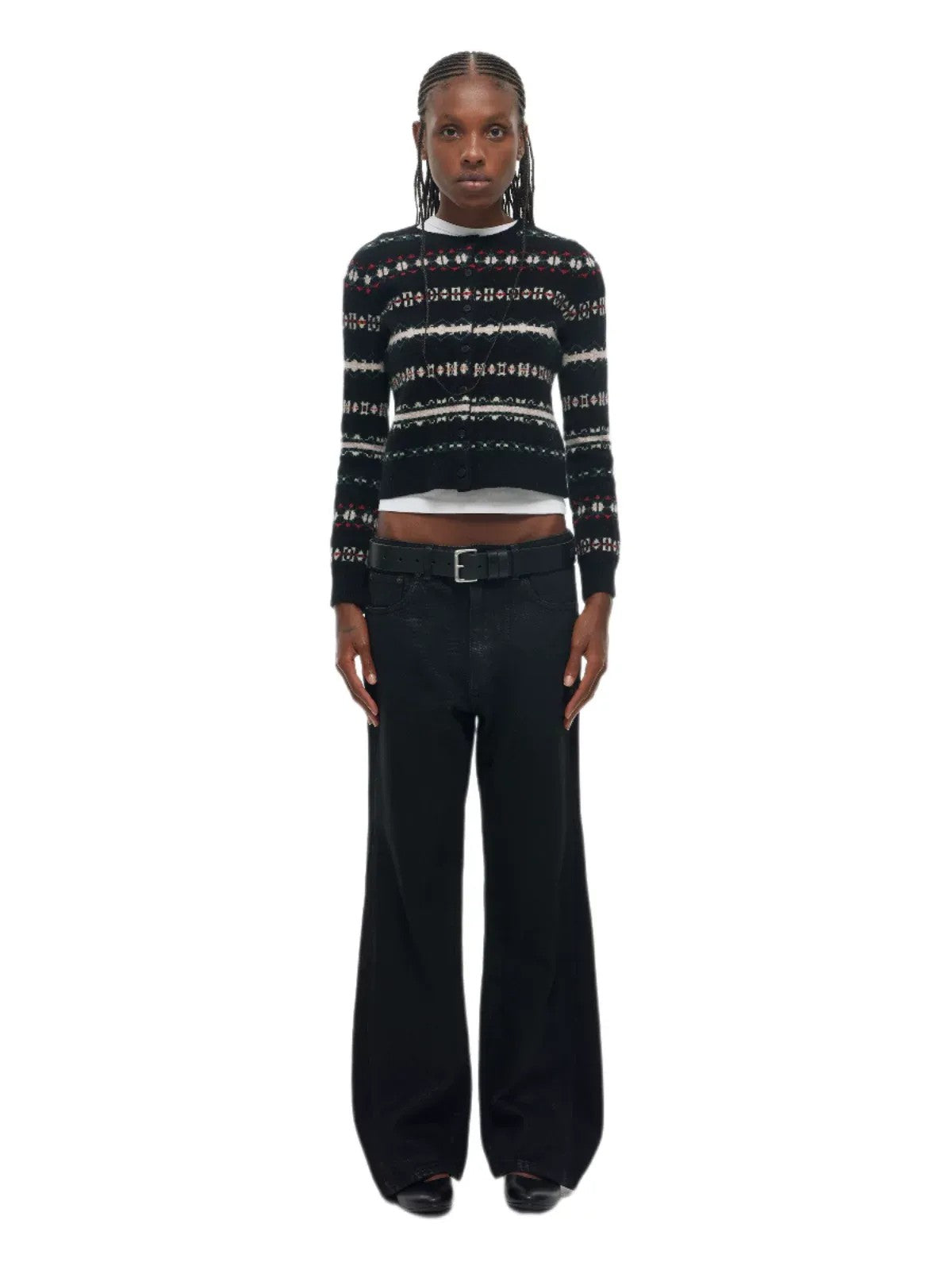 Alright Then Icelandic Pattern Wool Cardigan in Black - On Model