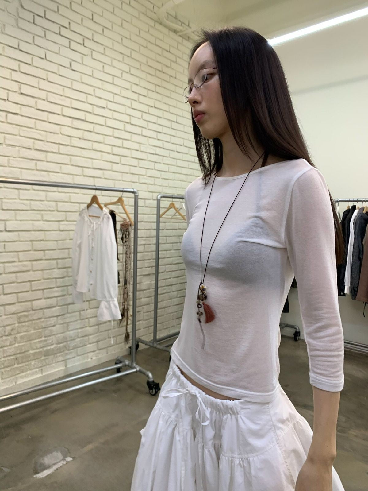 NeverSeez Tencel Wool Blend 3 4 Sleeve Top in White - On Model