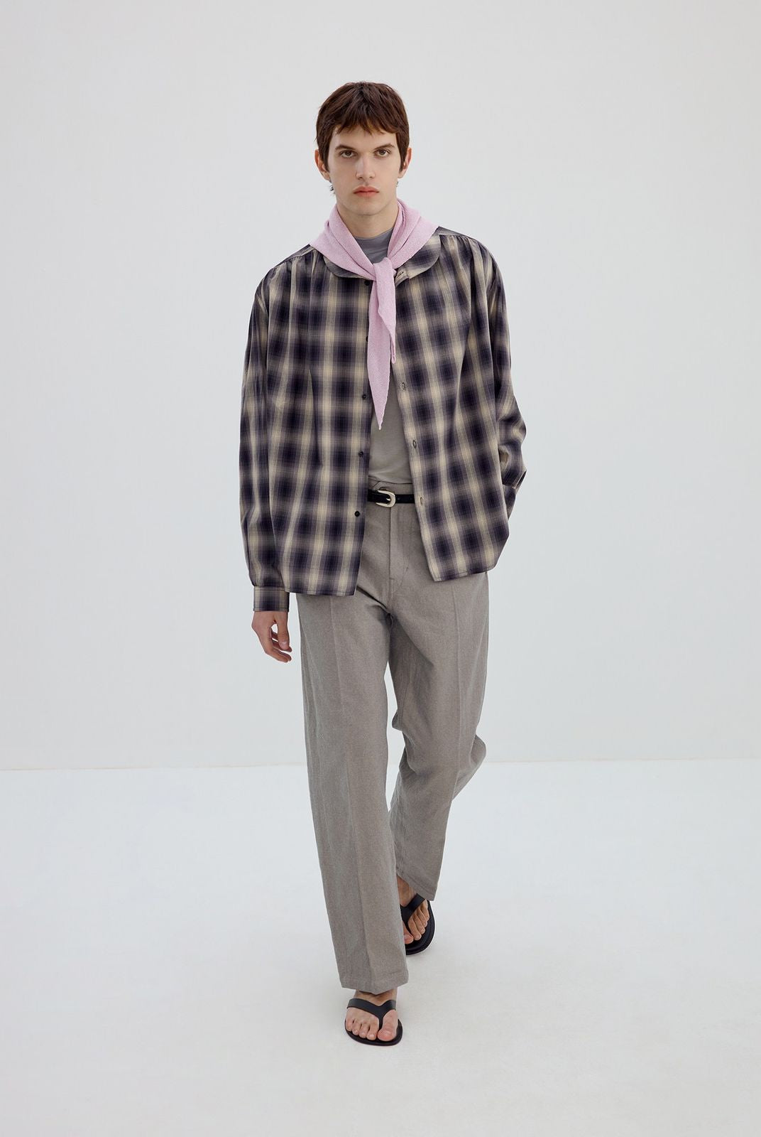 Simple Project Ruched Plaid Shawl Collar Shirt in Off-White - On Male Model