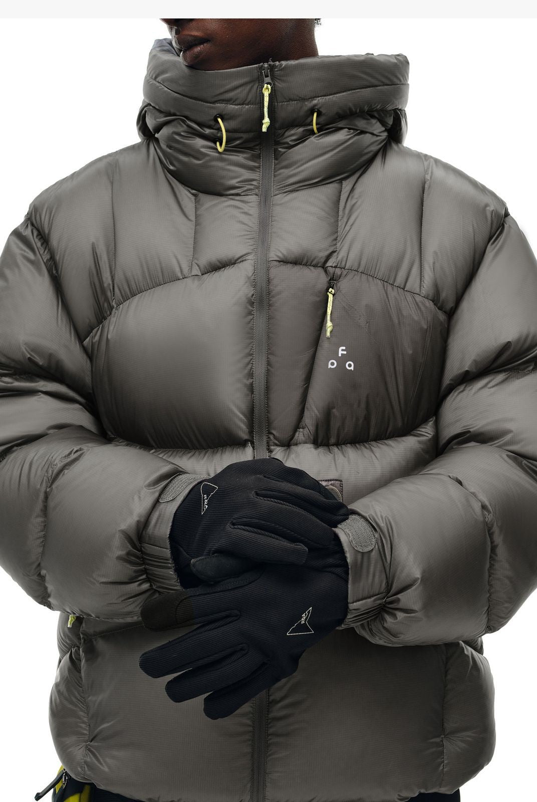 FPA 800FP Contrast Pocket Hooded Puffer in Gray - On Male Model