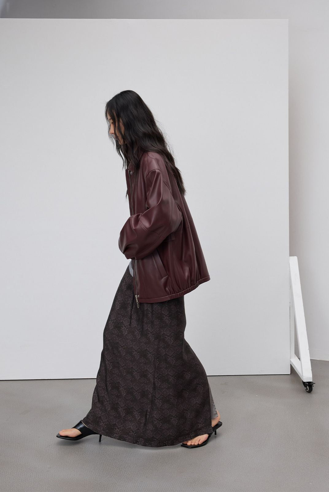 RandomPiece Oversized Matte Faux Leather Jacket in Burgundy - On Model