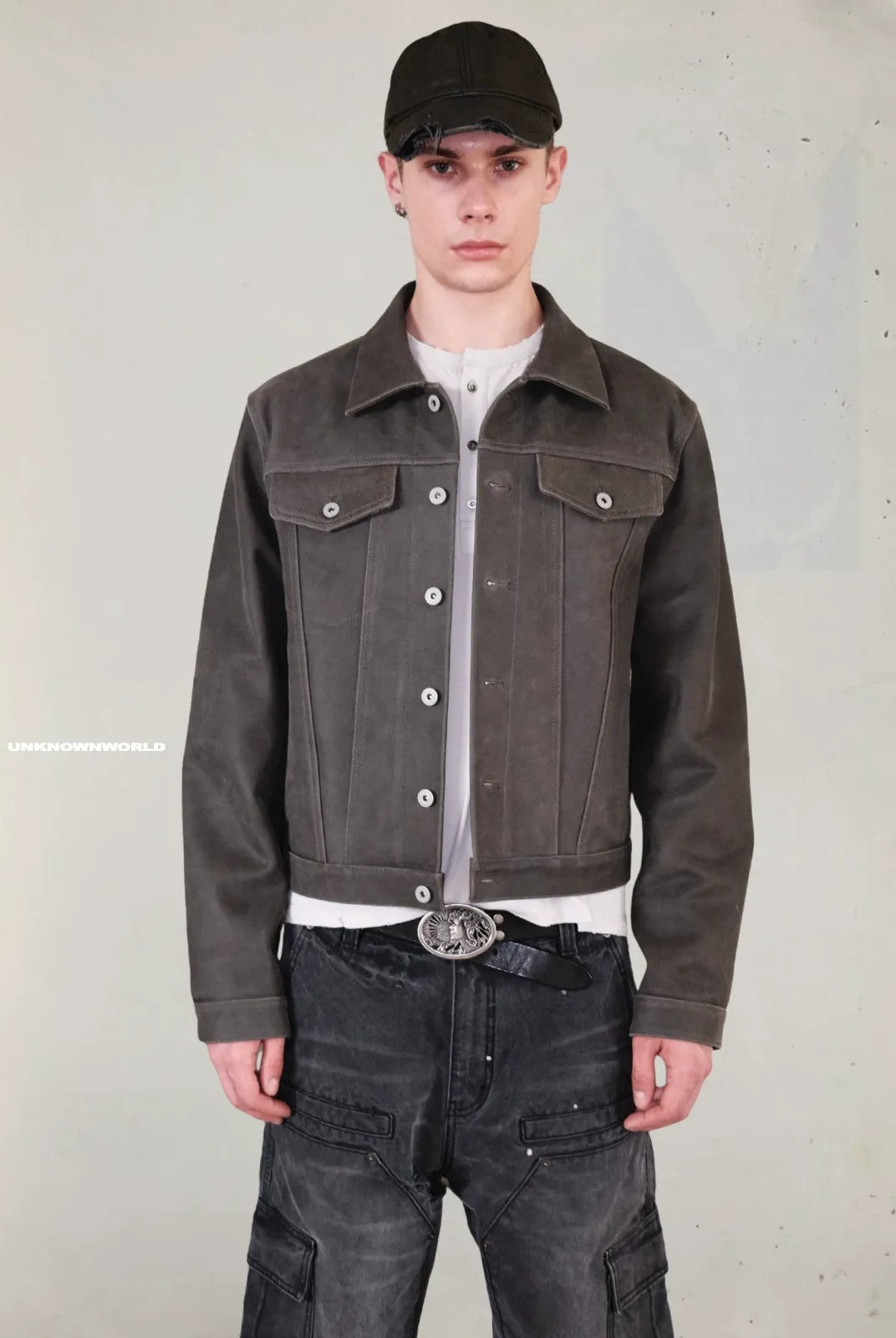 UNKNOWNWORLD Cracked Leather Type 3 Jacket in Green - On Model