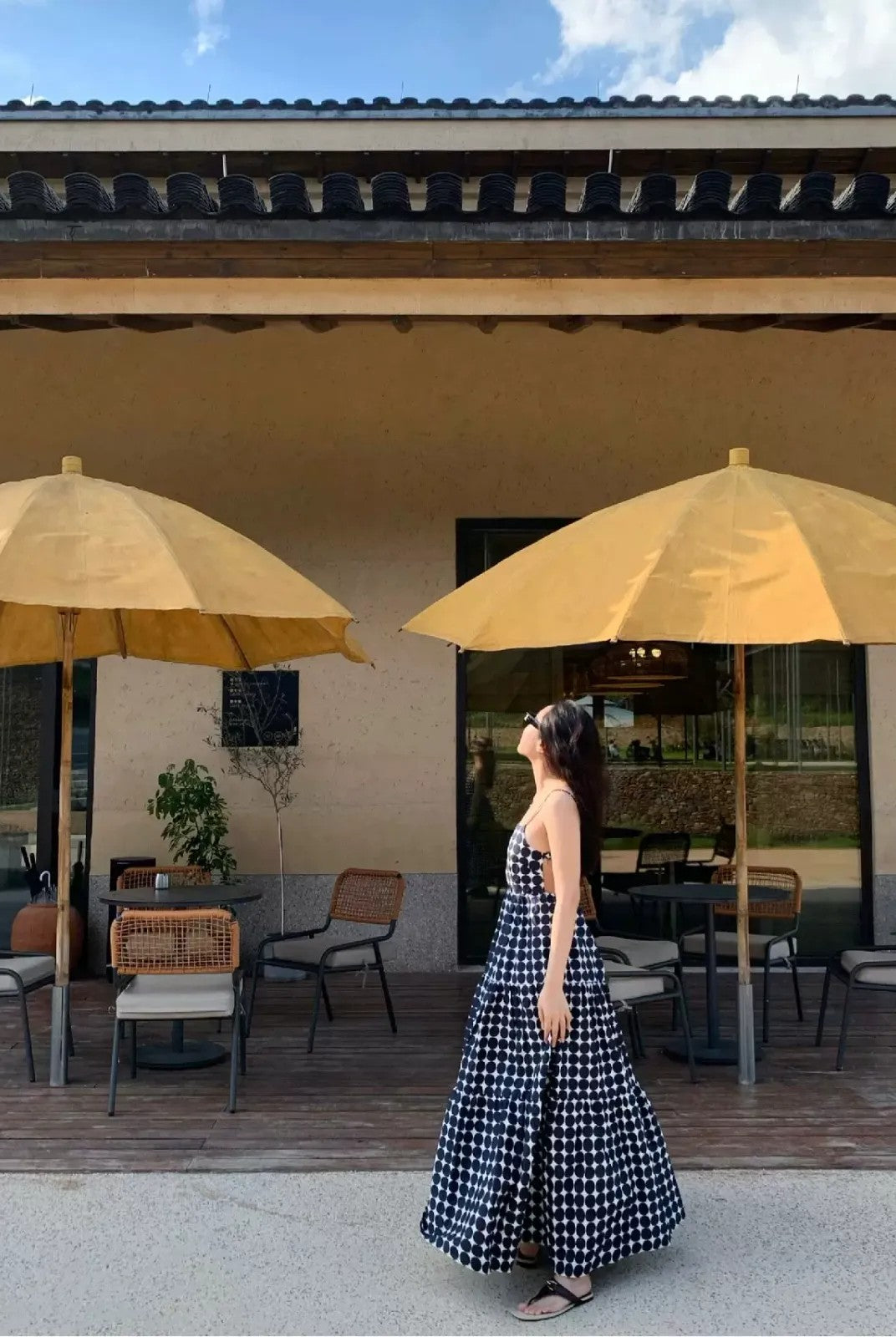 1S STUDIO Polka Dot Open Back Maxi Dress in Blue - On Model