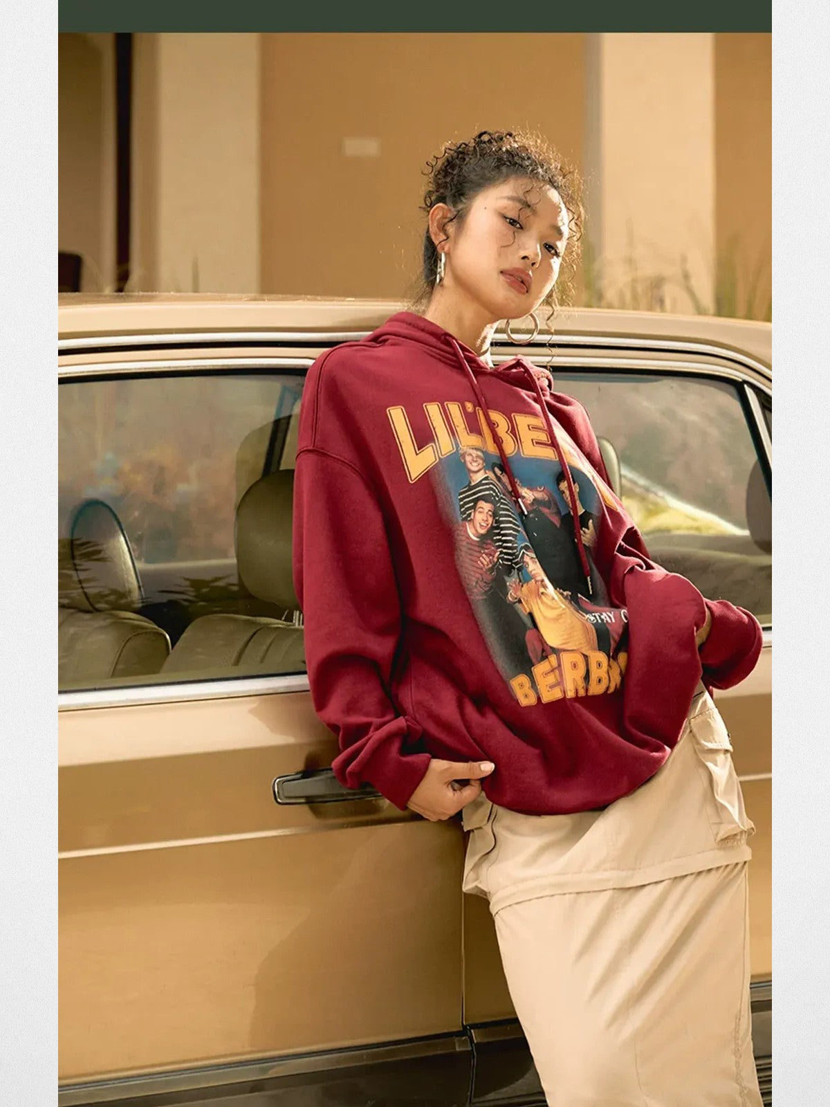 BeerBro Retro Graphic Print Hoodie in Burgundy - On Model