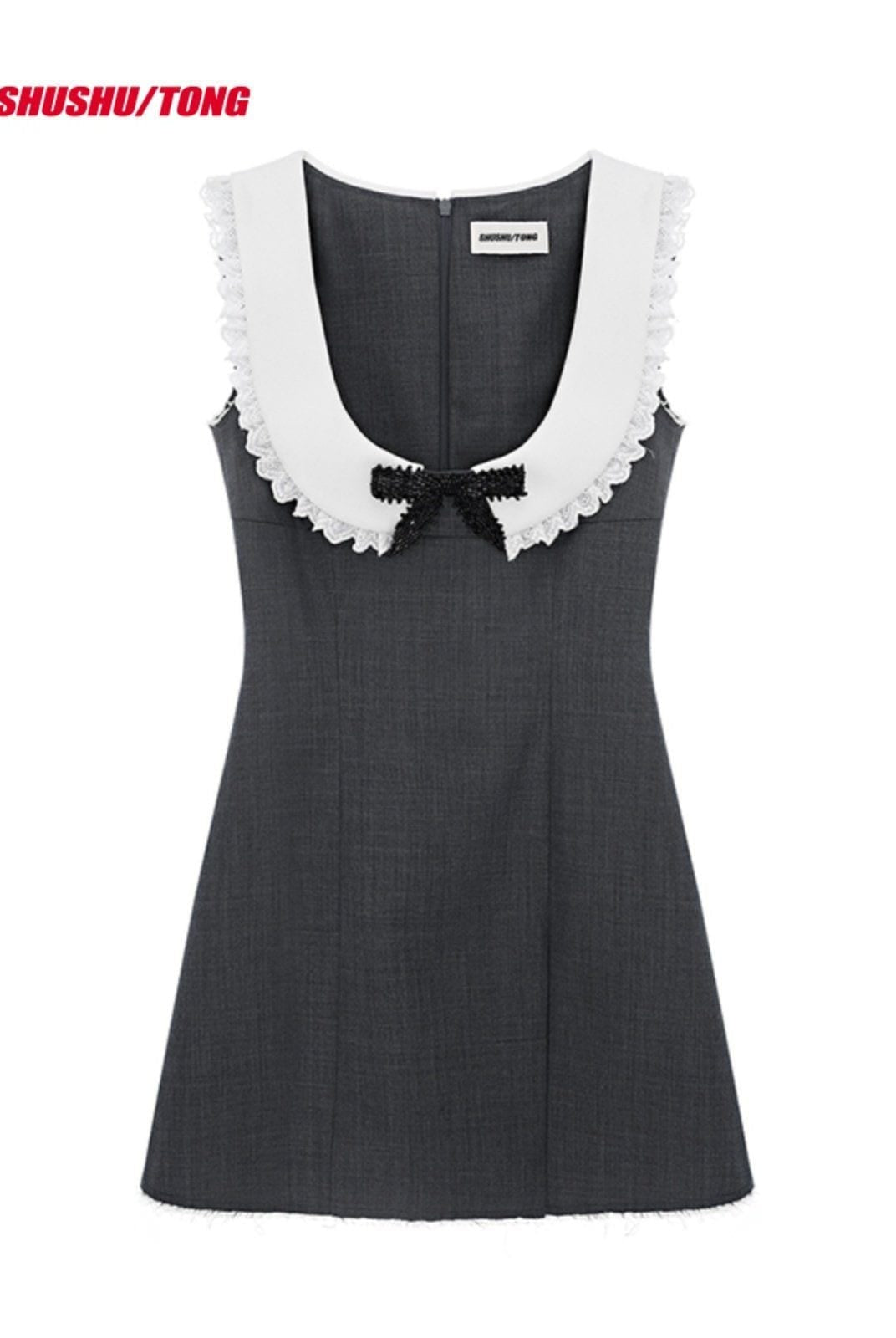 Shushu tong Contrast Collar Bow Mini Dress in Gray