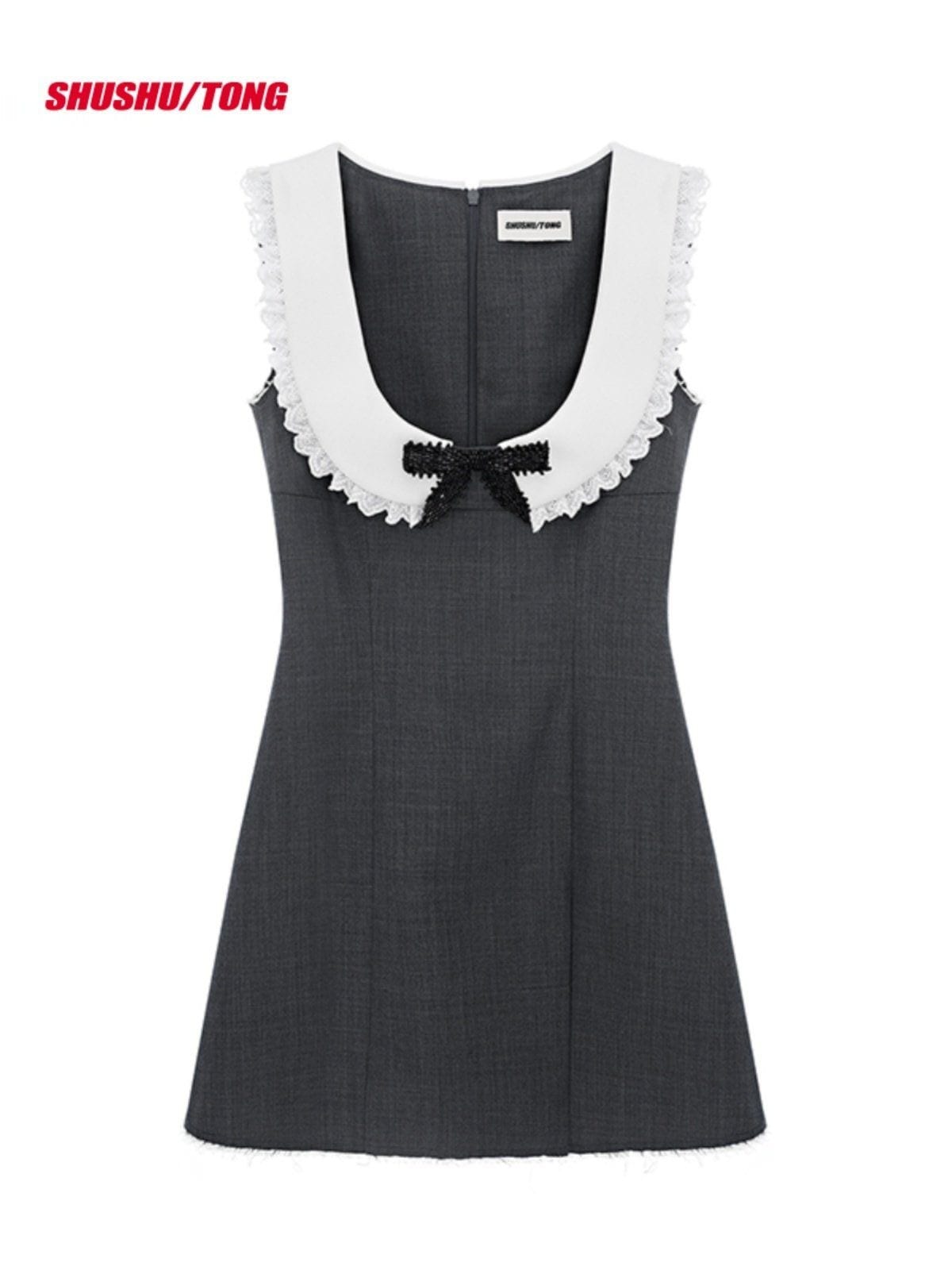 Shushu tong Contrast Collar Bow Mini Dress in Gray
