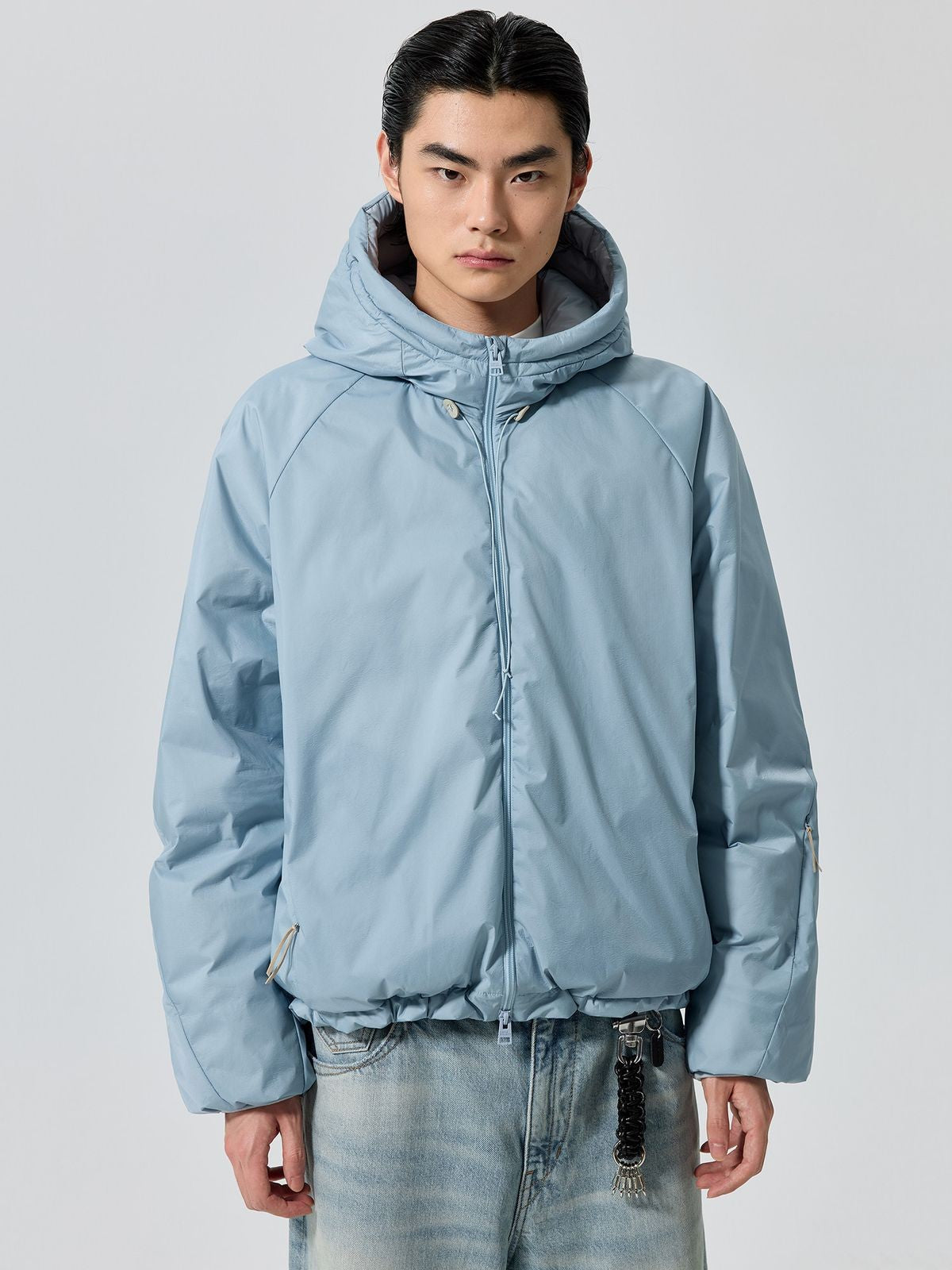 Simple Project Shell Shape Hooded Puffer Jacket in Sky Blue - On Male Model