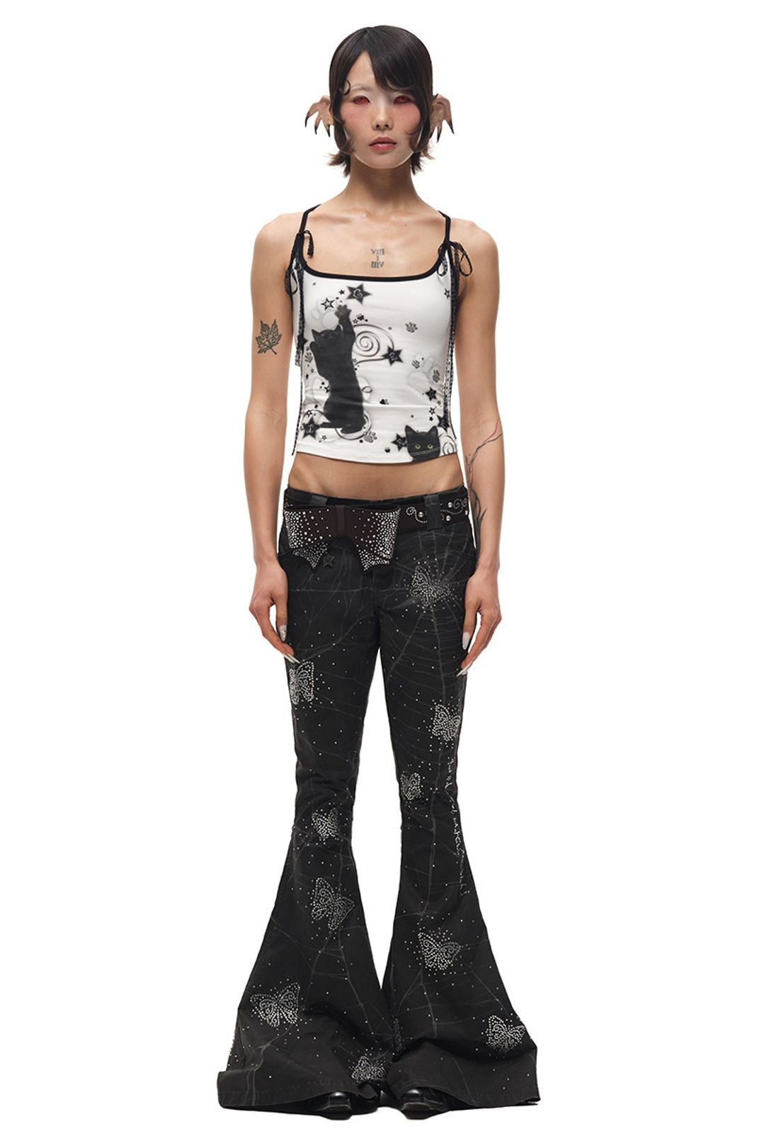 CFIERCE Spider Web Butterfly Flared Pants in Black - On Female Model