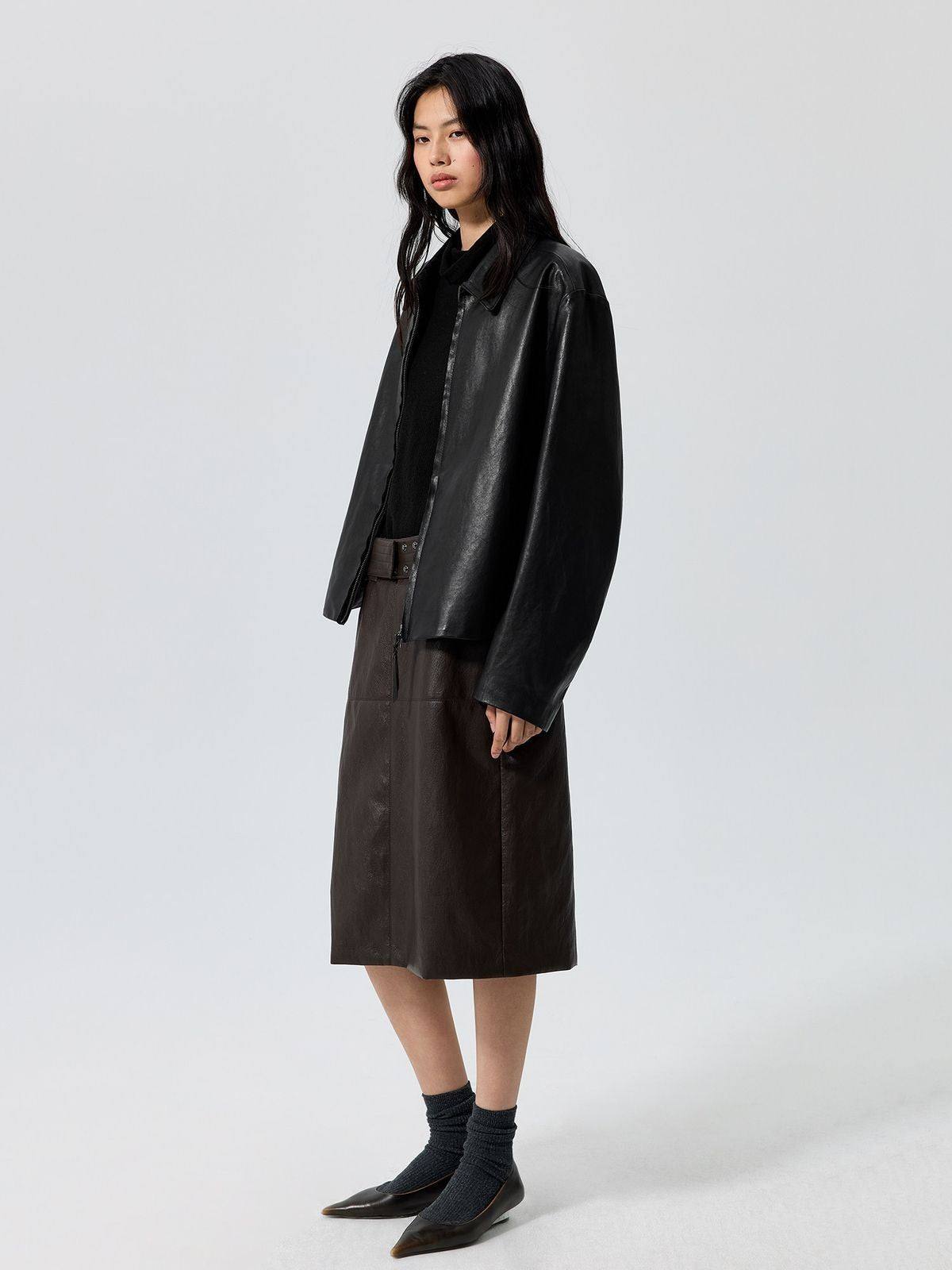 Simple Project Lambskin Leather Jacket in Black - On Female Model