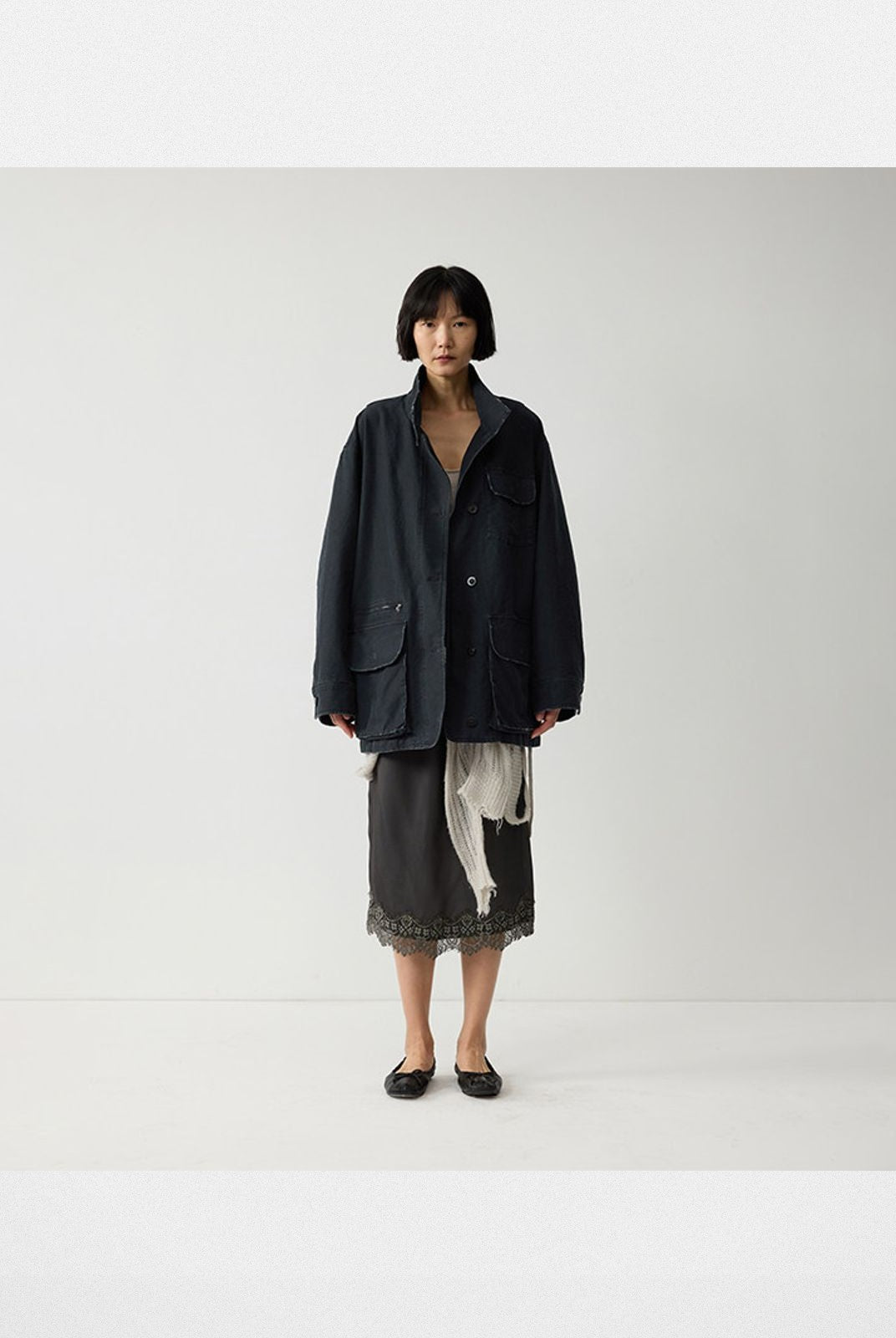 RandomPiece Distressed Cotton Stand Collar Jacket in Navy Blue - On Model