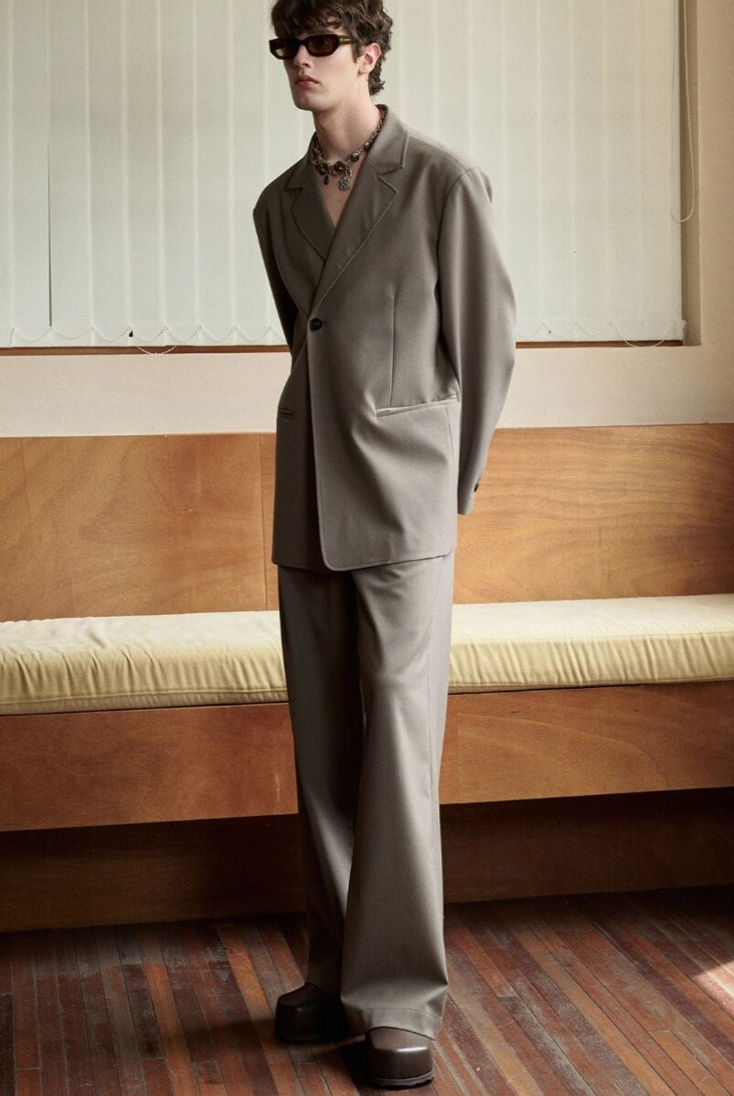 NANS Single Pleat Wool Blend Trousers in Beige - On Model