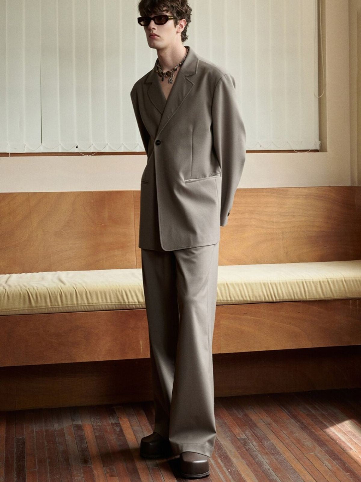 NANS Single Pleat Wool Blend Trousers in Beige - On Model