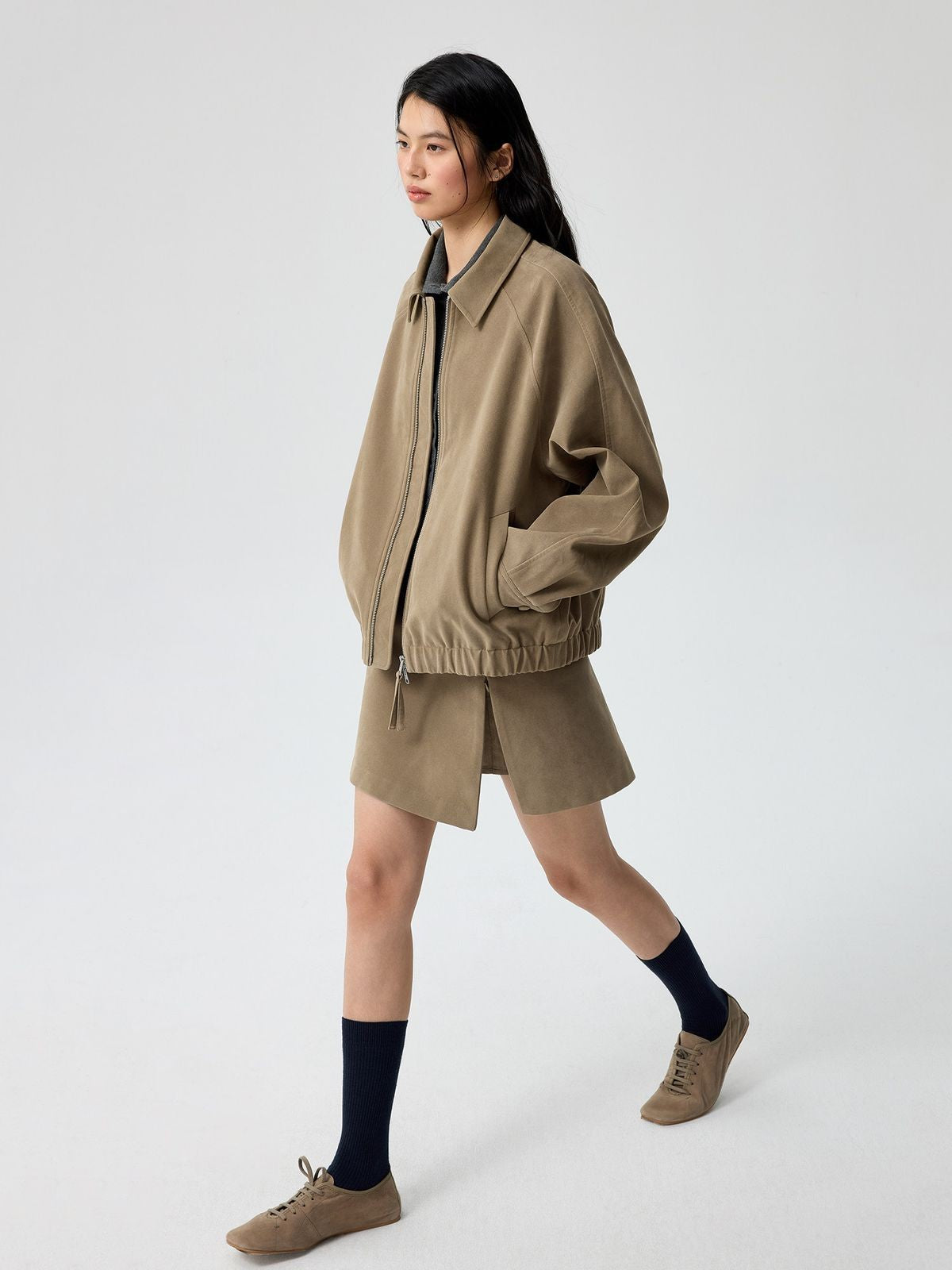 Simple Project Suede Texture Raglan Jacket in Khaki - On Female Model