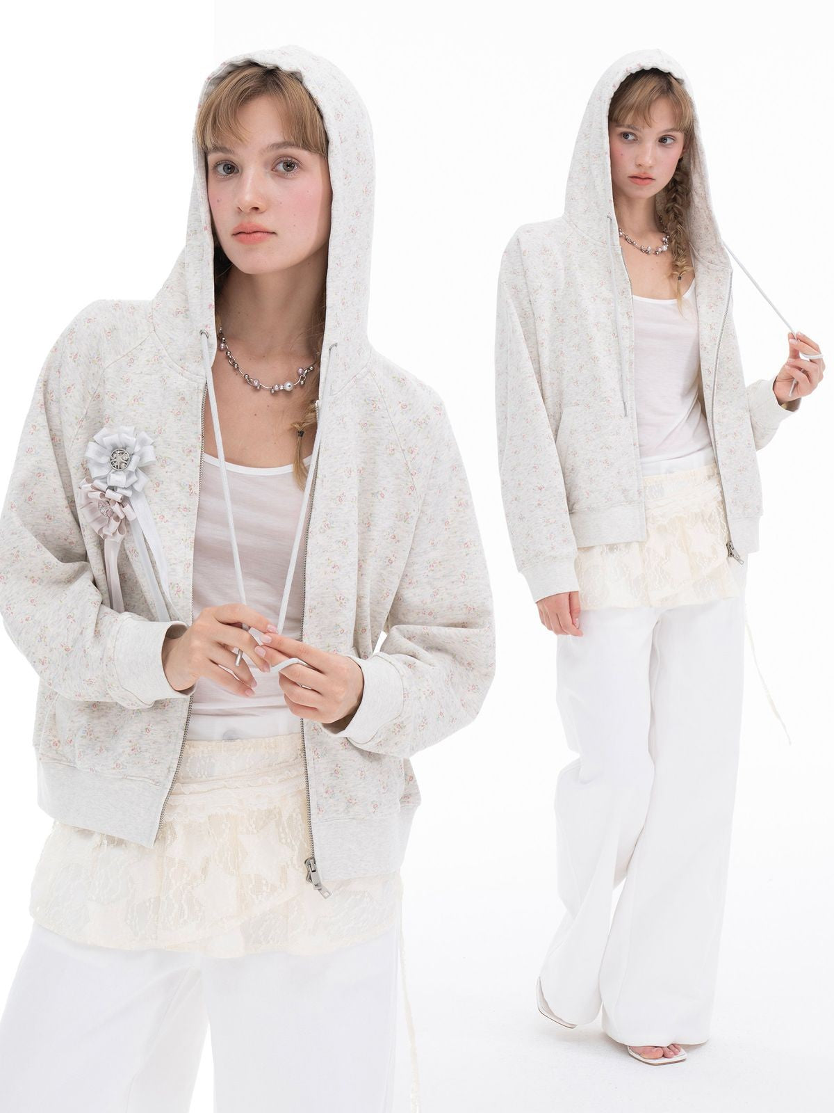 THELIGHT OFFICIAL Floral Zip Up Hoodie in Gray - On Model